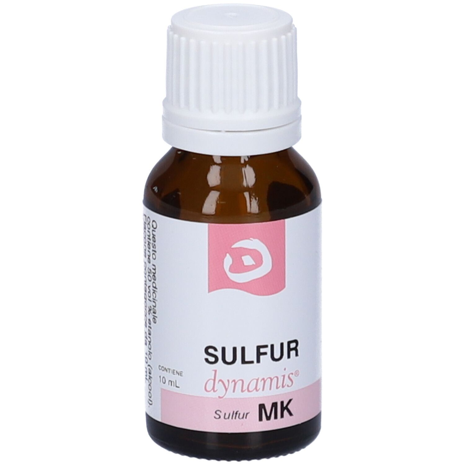 Flacone di vetro marrone con tappo bianco. Etichetta rosa con nome prodotto: Sulfur Dynamis MK.