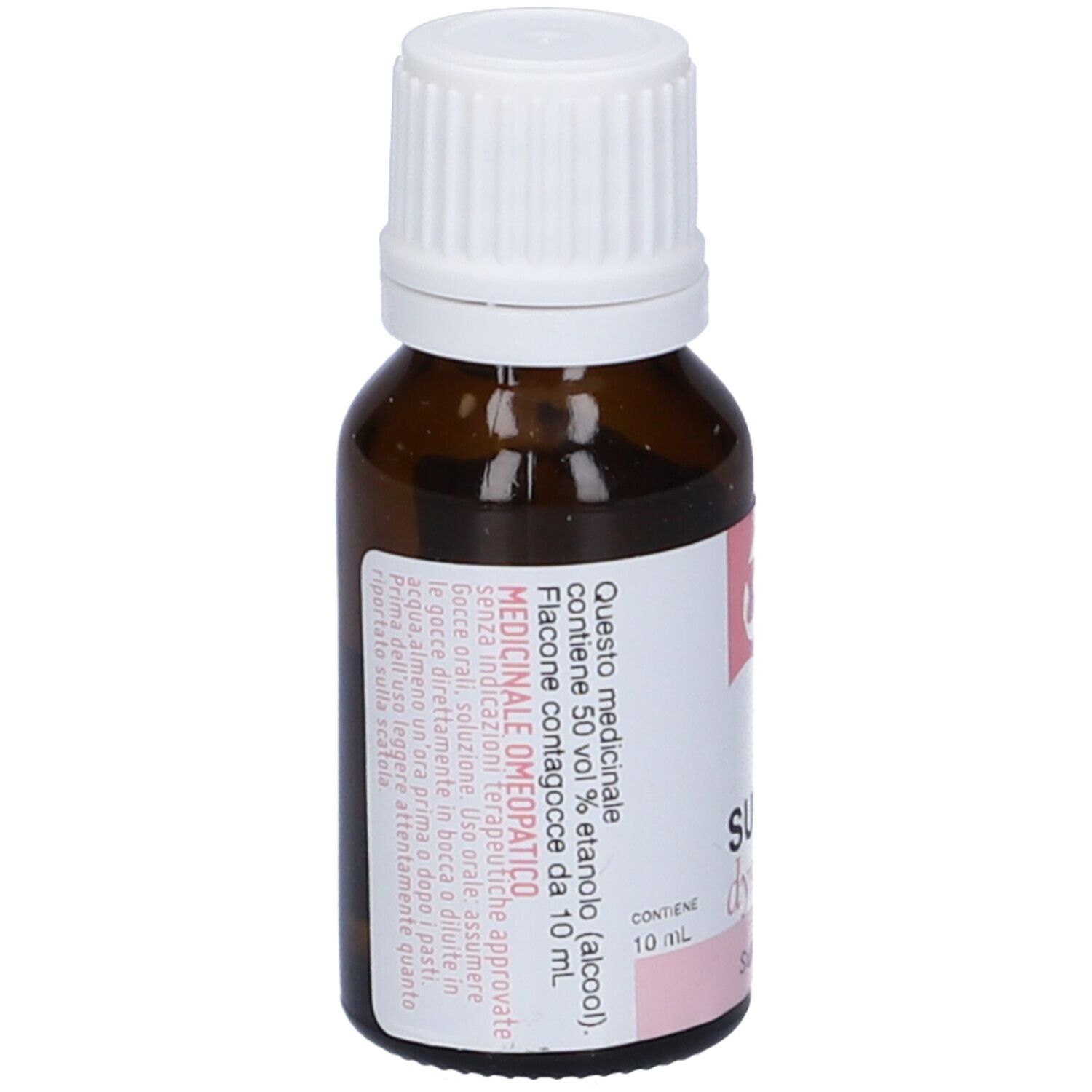 Flacone di vetro marrone con tappo bianco. Etichetta con informazioni sul prodotto. Contiene Sulfur Dynamis 6 LM. 10 ml.