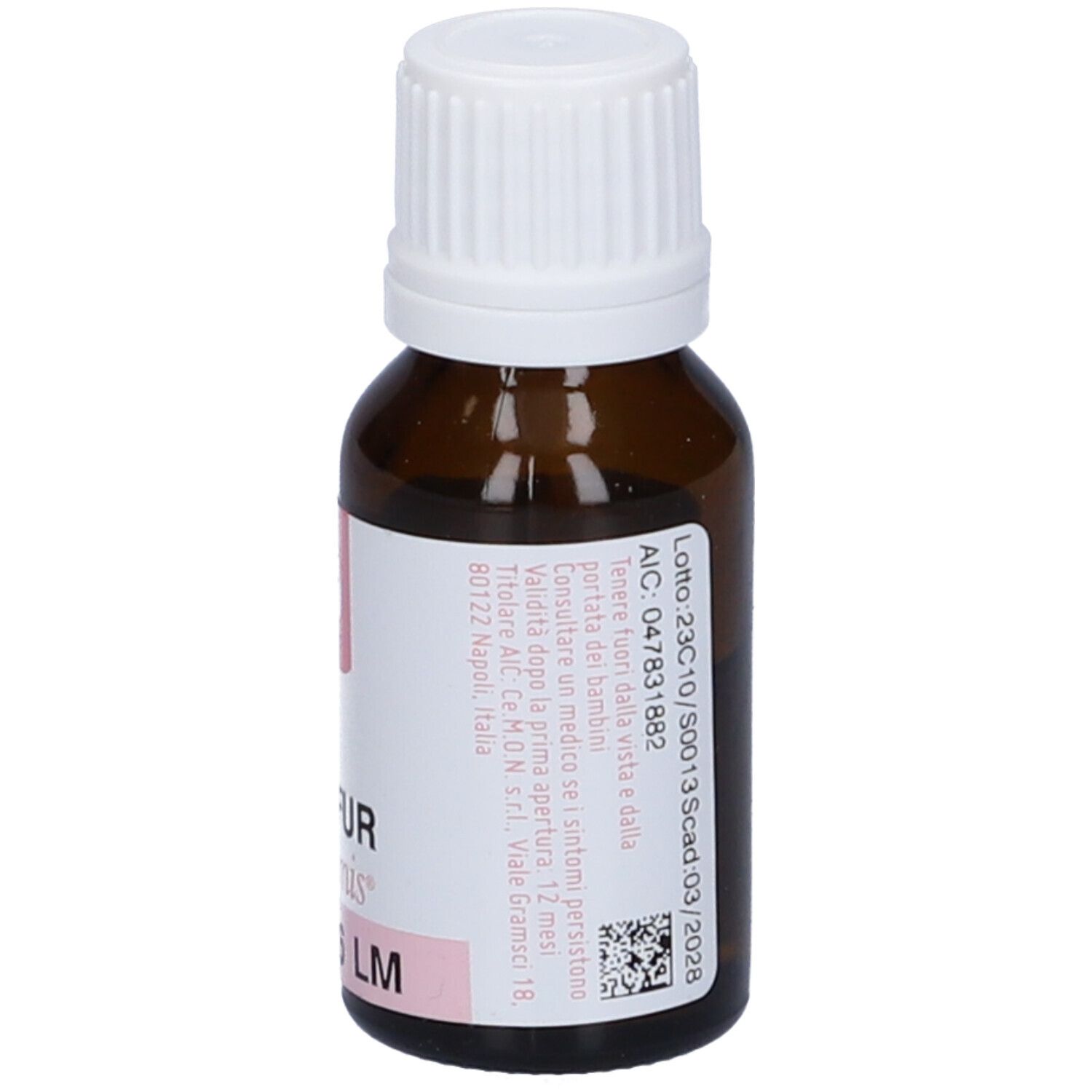 Flacone di vetro marrone con tappo bianco. Etichetta con informazioni e numero di lotto. Contiene Sulfur Dynamis 6 LM.