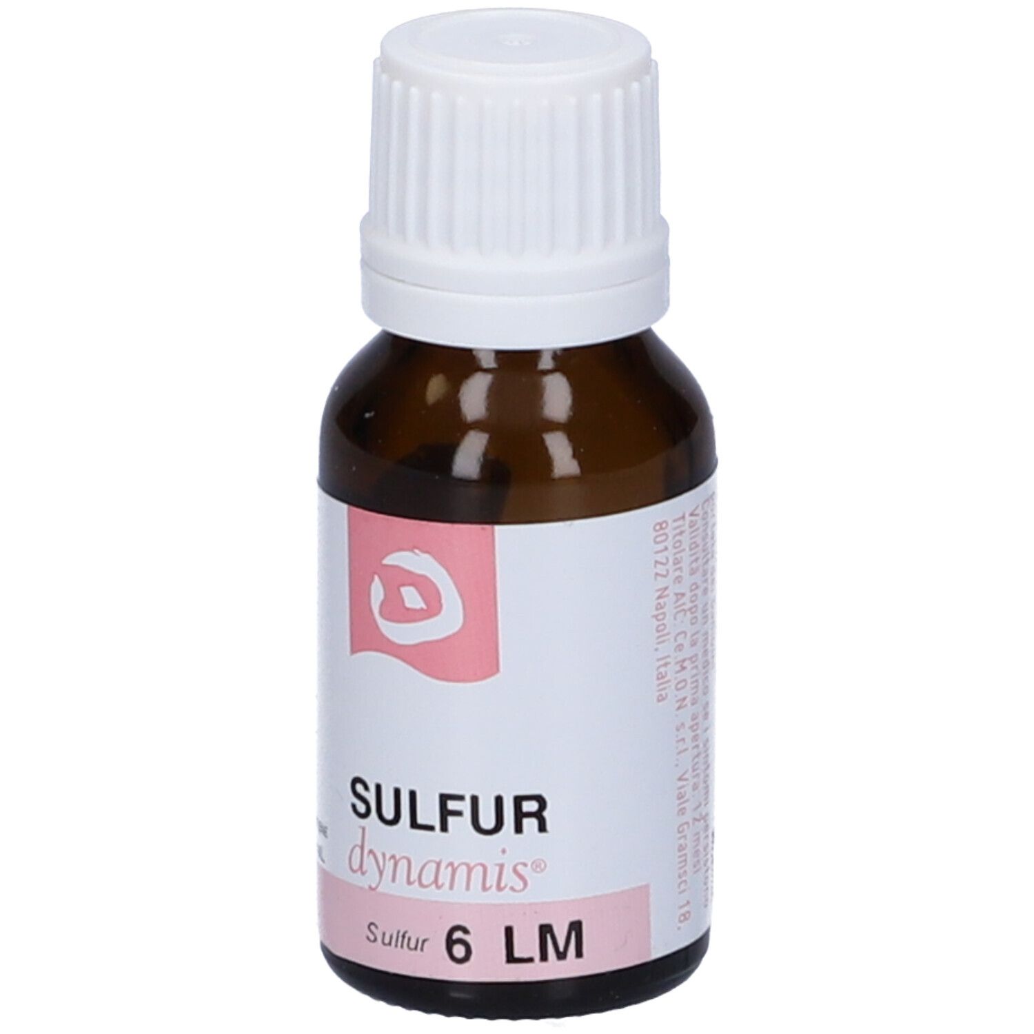 Flacone di vetro marrone con tappo bianco. Etichetta con nome del prodotto e dettagli rosa. Contiene Sulfur Dynamis 6 LM.