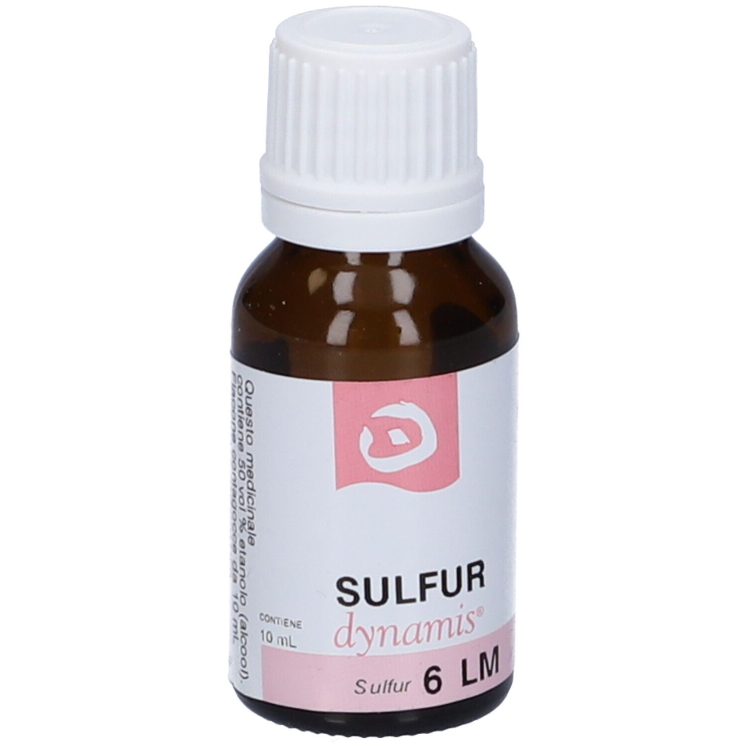 Flacone di vetro marrone con tappo bianco. Etichetta con informazioni e dettagli rosa. Contiene Sulfur Dynamis 6 LM.