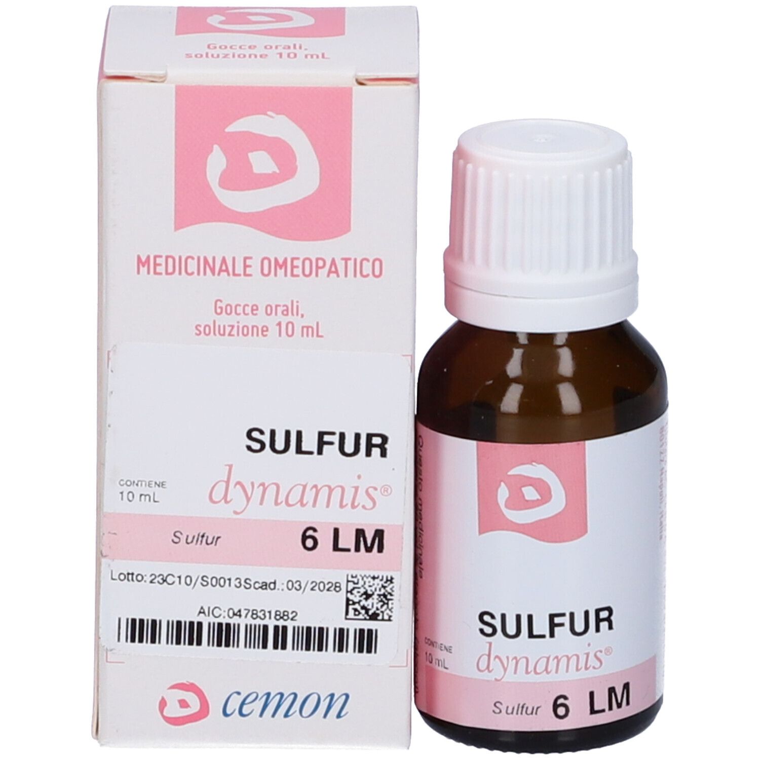 Flacone e scatola del prodotto. Scatola con nome e informazioni. Contiene Sulfur Dynamis 6 LM. Gocce.
