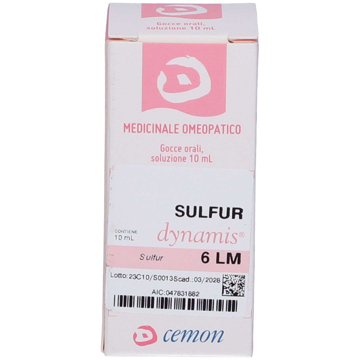 Confezione del prodotto. Scatola con nome e informazioni. Contiene Sulfur Dynamis 6 LM. Gocce.