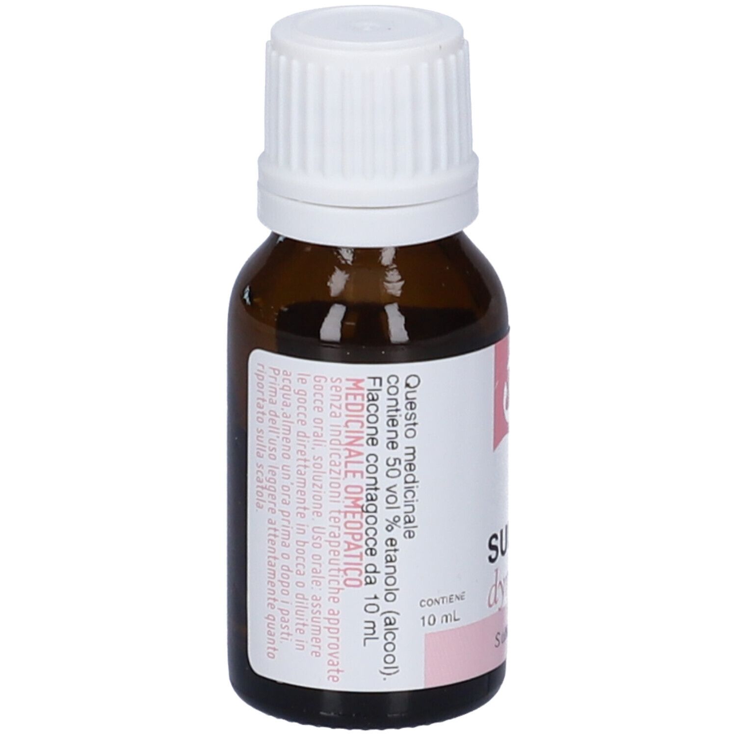 Flacone in vetro marrone con tappo contagocce bianco ed etichetta. Contiene 10 ml di liquido.
