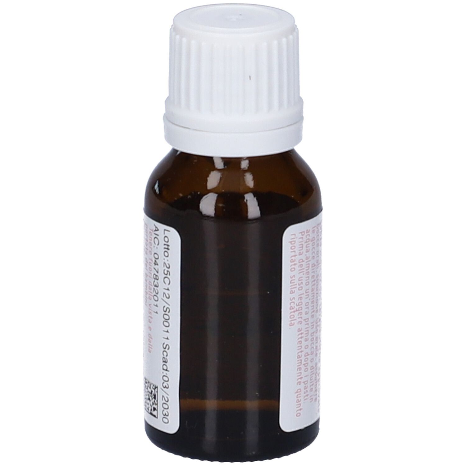 Flacone in vetro marrone con tappo contagocce bianco ed etichetta. Contiene 10 ml di liquido.