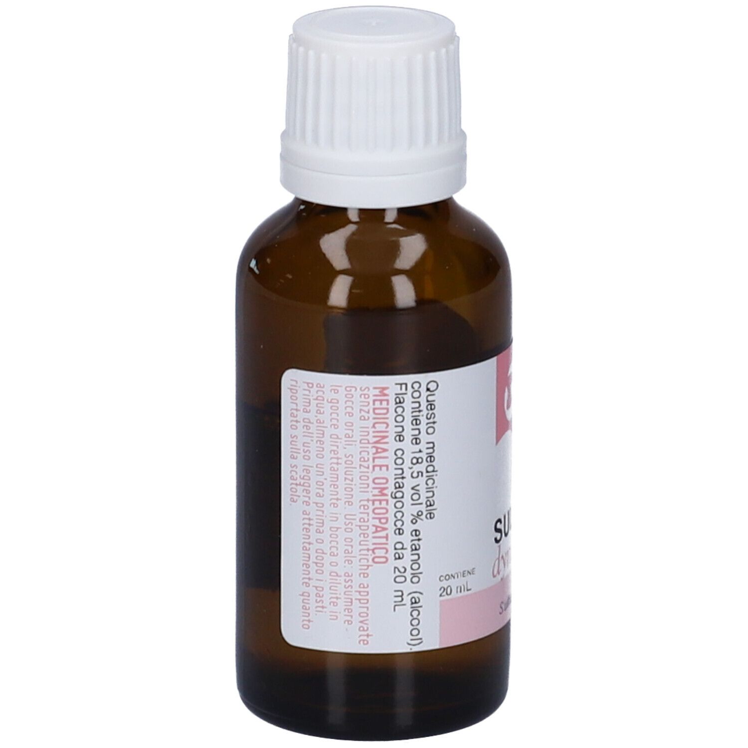 Flacone di vetro marrone con tappo bianco. Etichetta con testo in italiano. Contiene 20 ml.