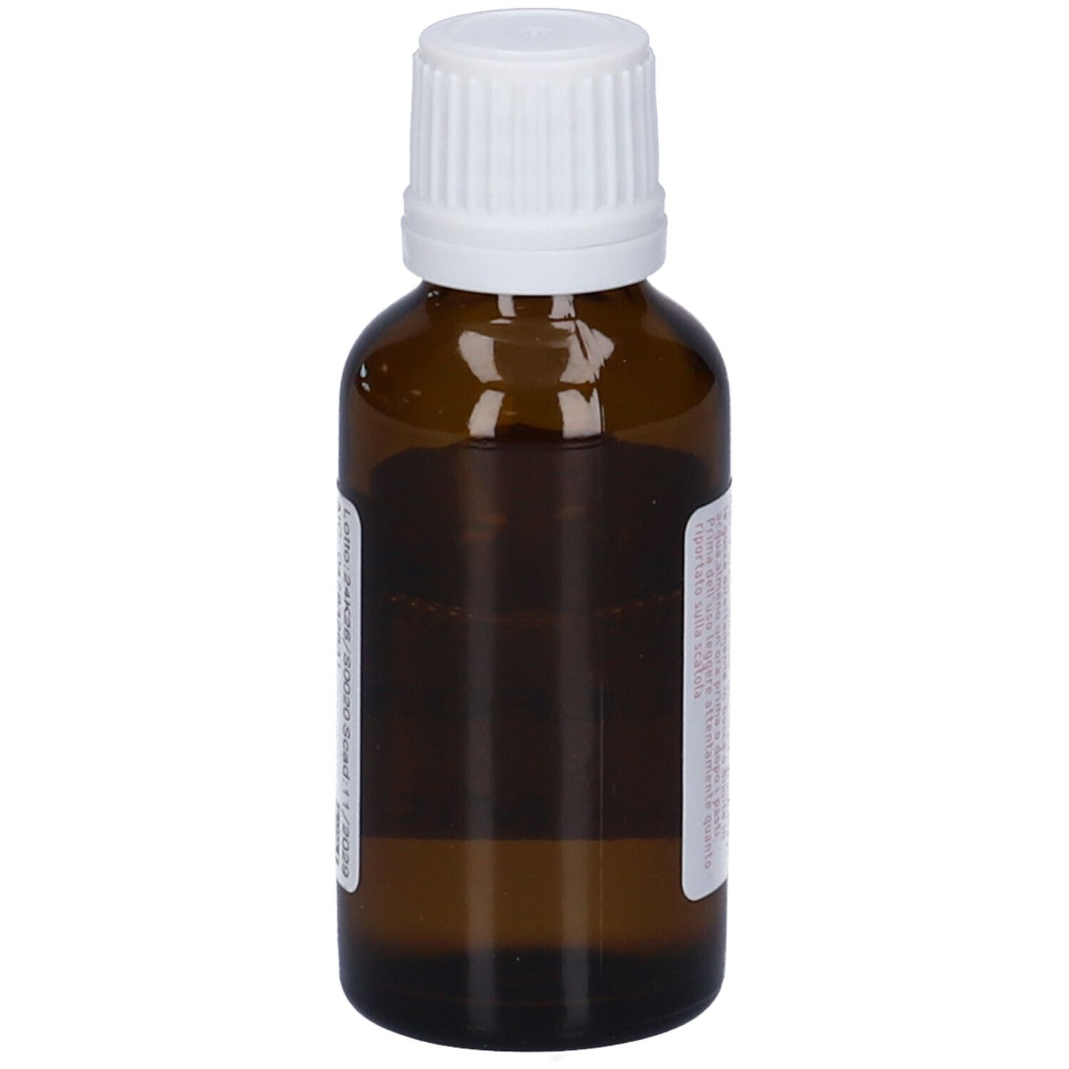 Flacone di vetro marrone con tappo bianco. Etichetta con testo. Nessuna denominazione visibile.