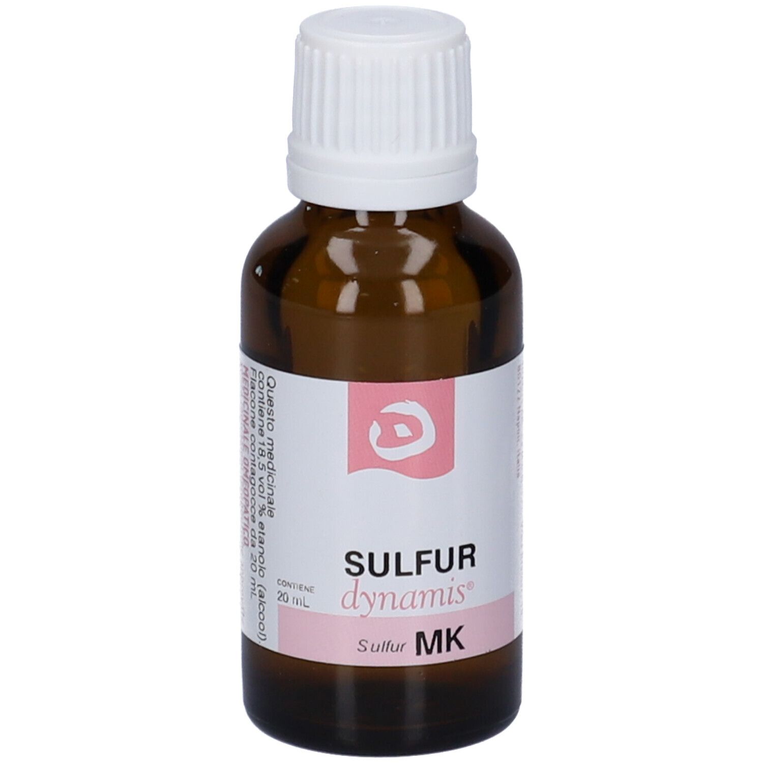 Flacone di vetro marrone con tappo bianco. Etichetta con SULFUR dynamis MK. Contiene 20 ml.