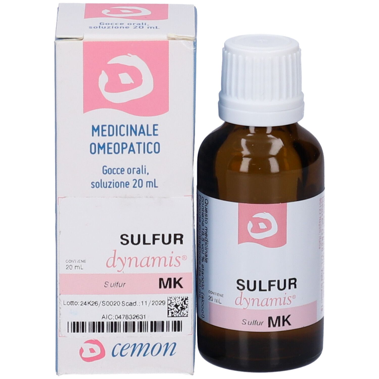 Flacone e scatola. Flacone: vetro marrone, tappo bianco. Scatola: bianca, logo rosa, testo.