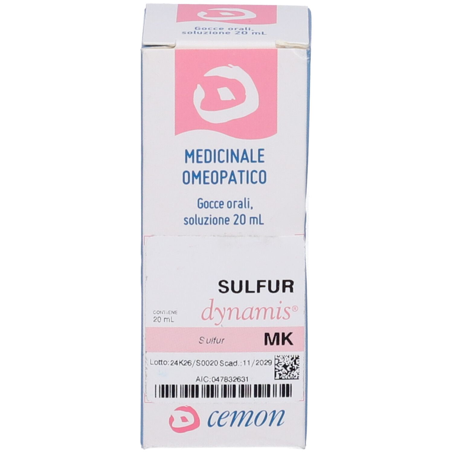 Scatola bianca con logo e testo rosa. Nome prodotto SULFUR dynamis MK. Contiene 20 ml.