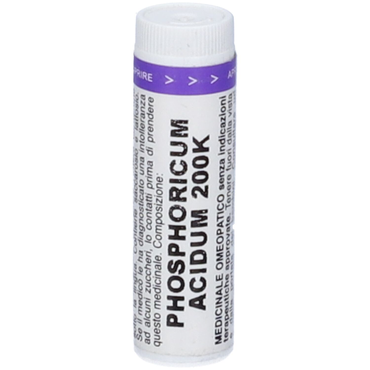 Flacone cilindrico bianco con fascia viola. Scritta: PHOSPHORICUM ACIDUM 200K. Testo in italiano.