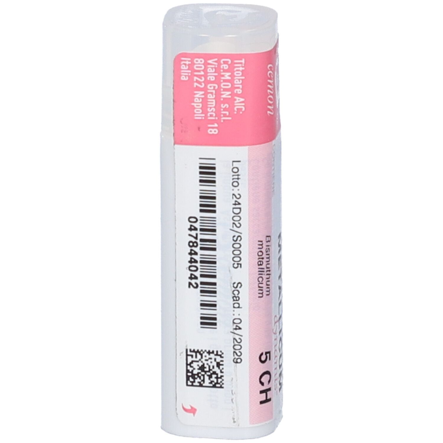 Flacone cilindrico bianco con etichetta rosa. Codice a barre e testo. Scritta: Bismuthum Metallicum 5 CH. Scadenza: 04/2029.