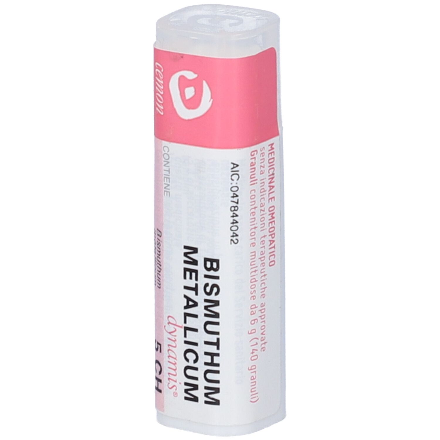 Flacone cilindrico bianco con etichetta rosa. Scritta: Bismuthum Metallicum Dynamis 5 CH. Contiene granuli. Medicinale.