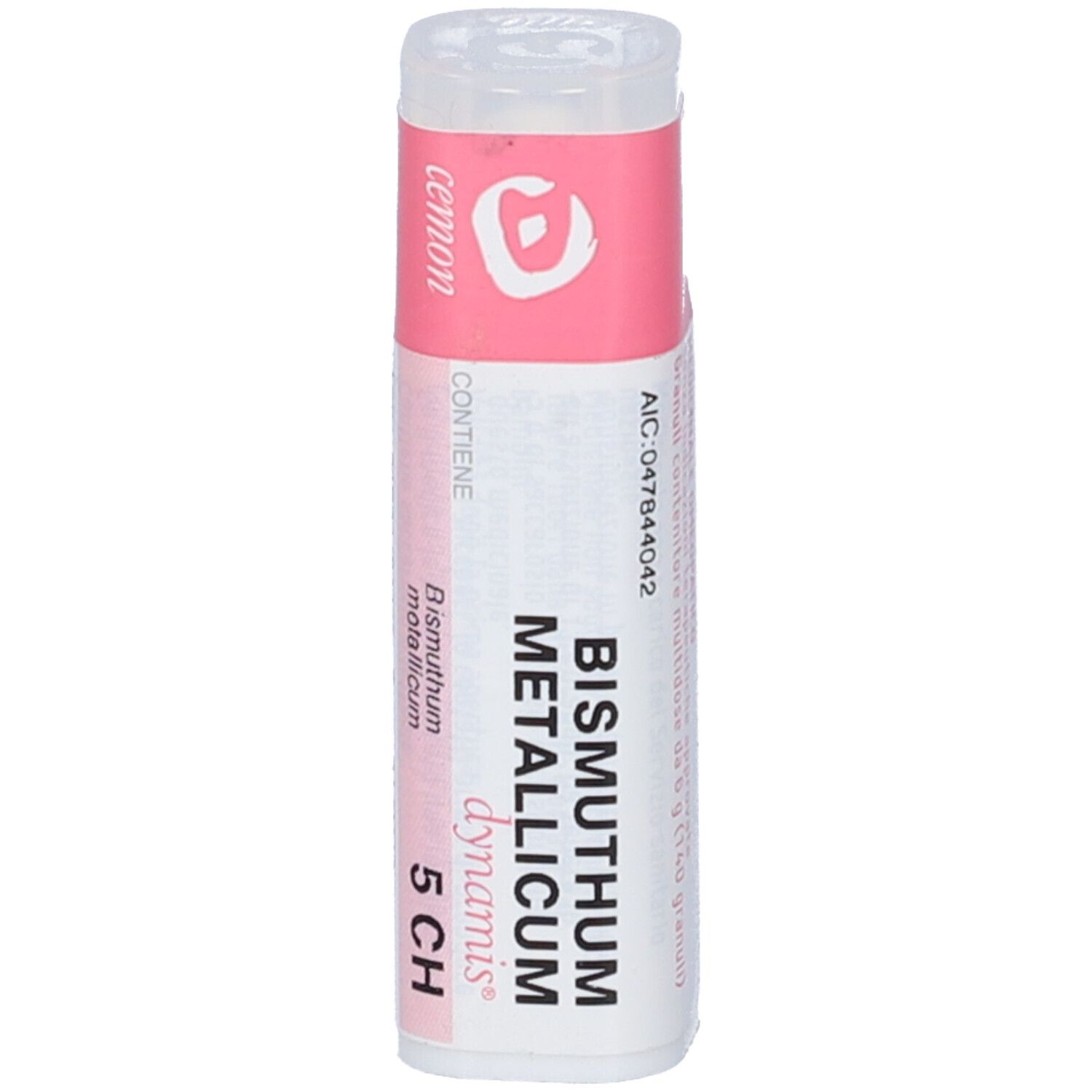 Flacone cilindrico bianco con etichetta rosa. Scritta: Bismuthum Metallicum Dynamis 5 CH. Contiene granuli.