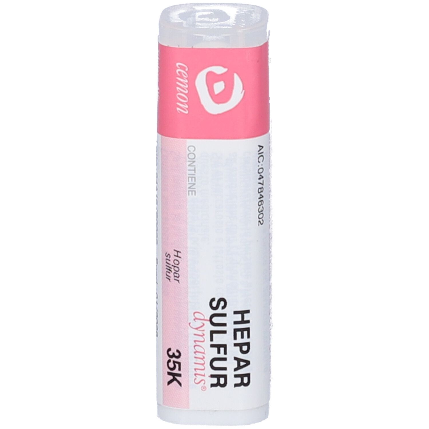Flacone bianco con etichetta rosa. Scritta: Hepar Sulfur Dynamis 35K.