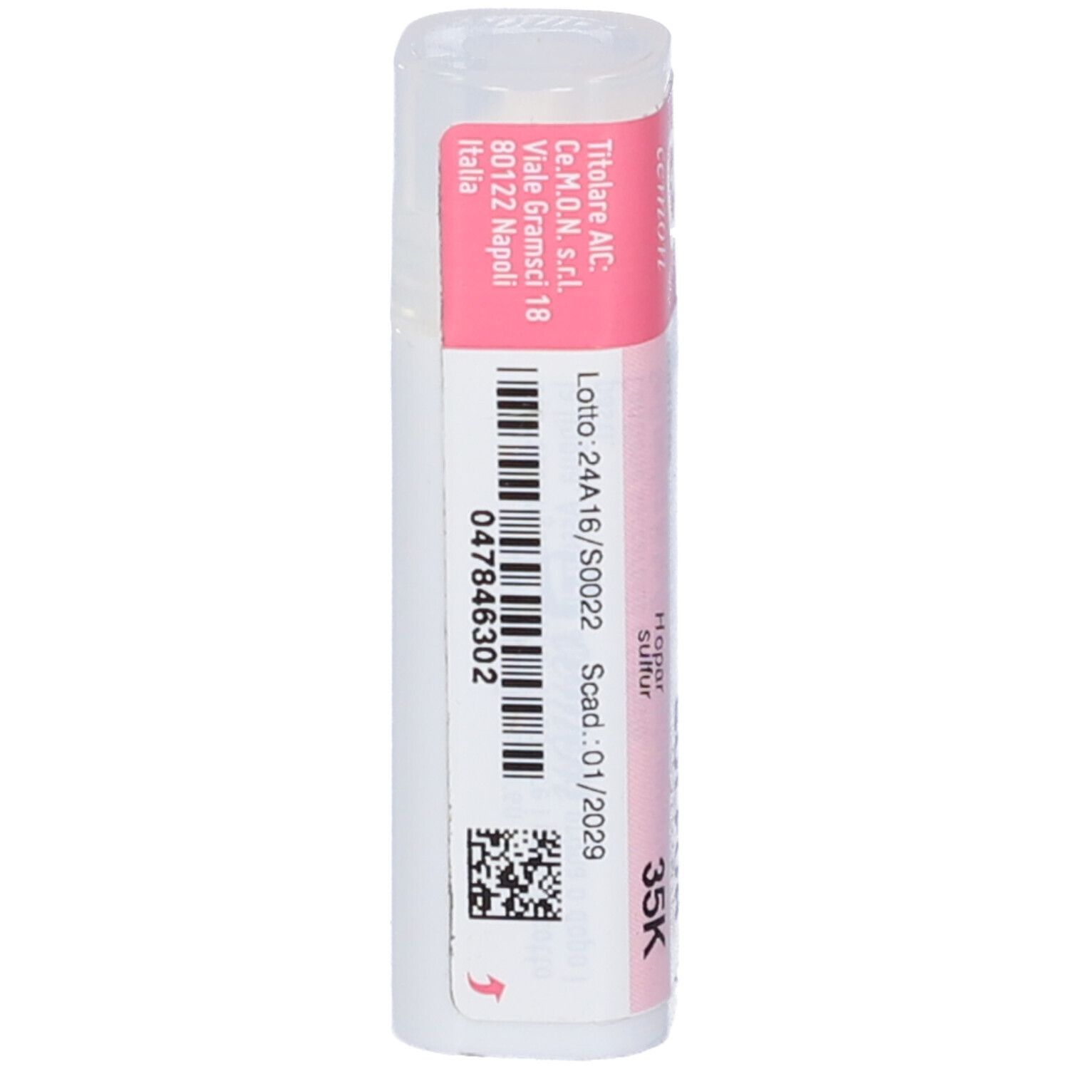 Flacone bianco con etichetta rosa. Codice a barre e testo. "Hepar Sulfur" visibile.