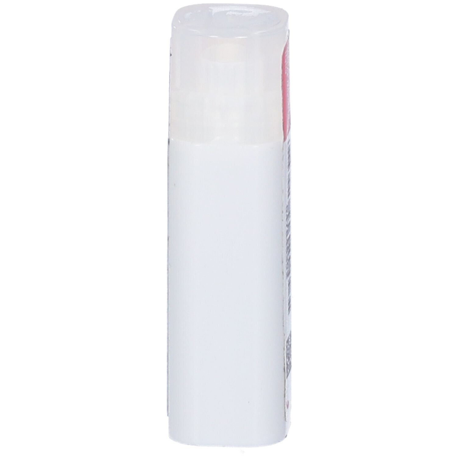 Flacone cilindrico bianco. Etichetta rosa non visibile.