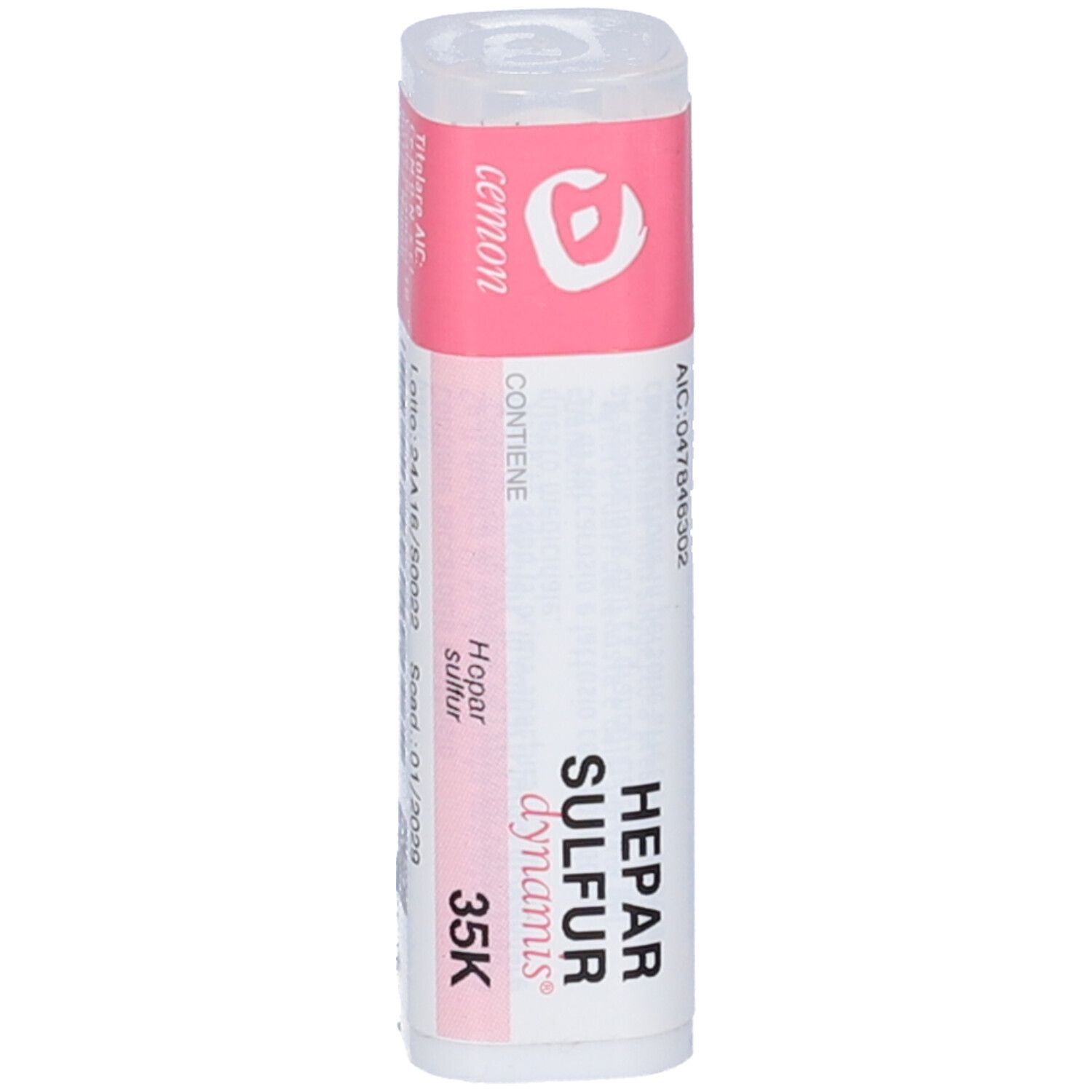 Flacone bianco con etichetta rosa. Scritta: Hepar Sulfur Dynamis 35K.