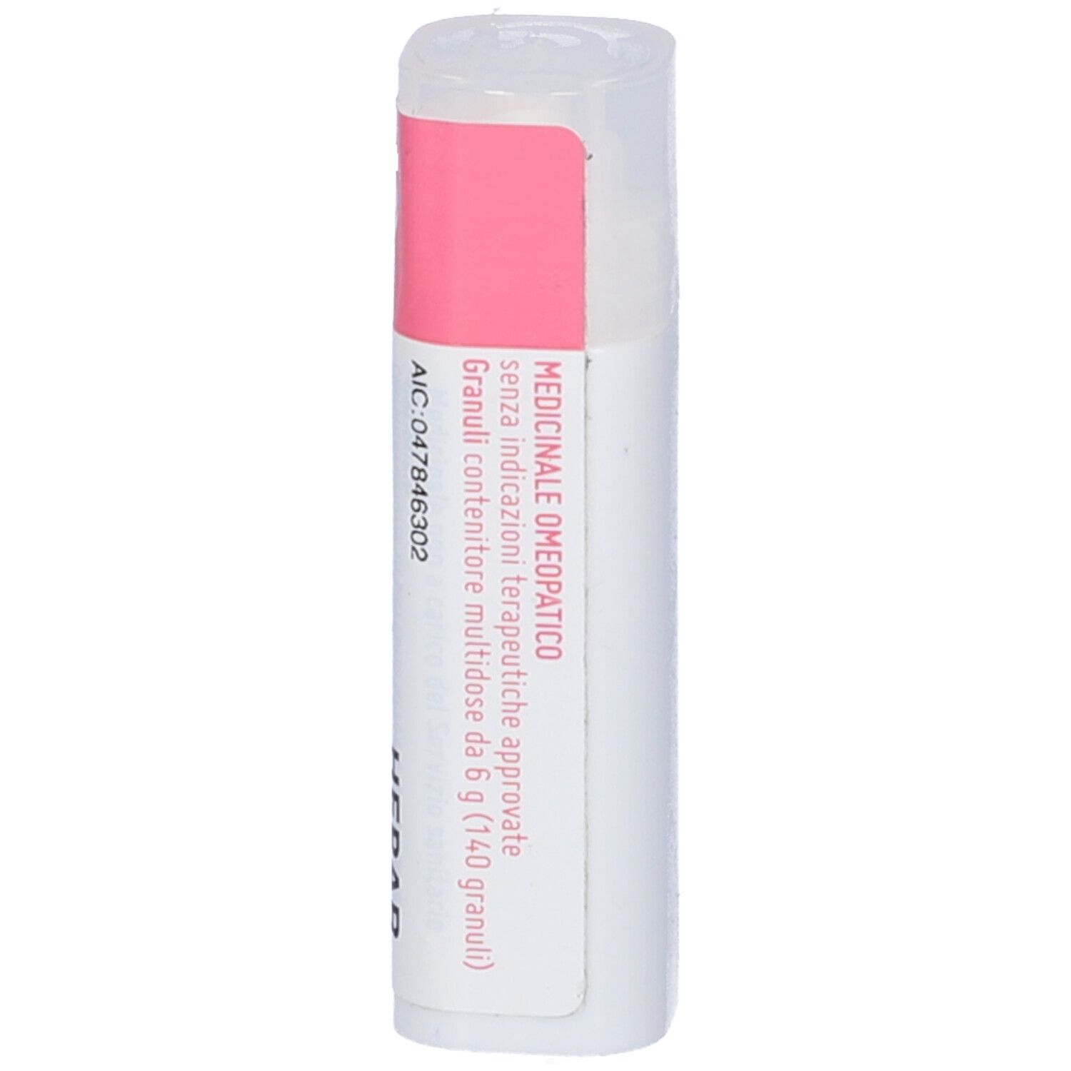 Flacone bianco con etichetta rosa. Testo: Medicinale Omeopatico.