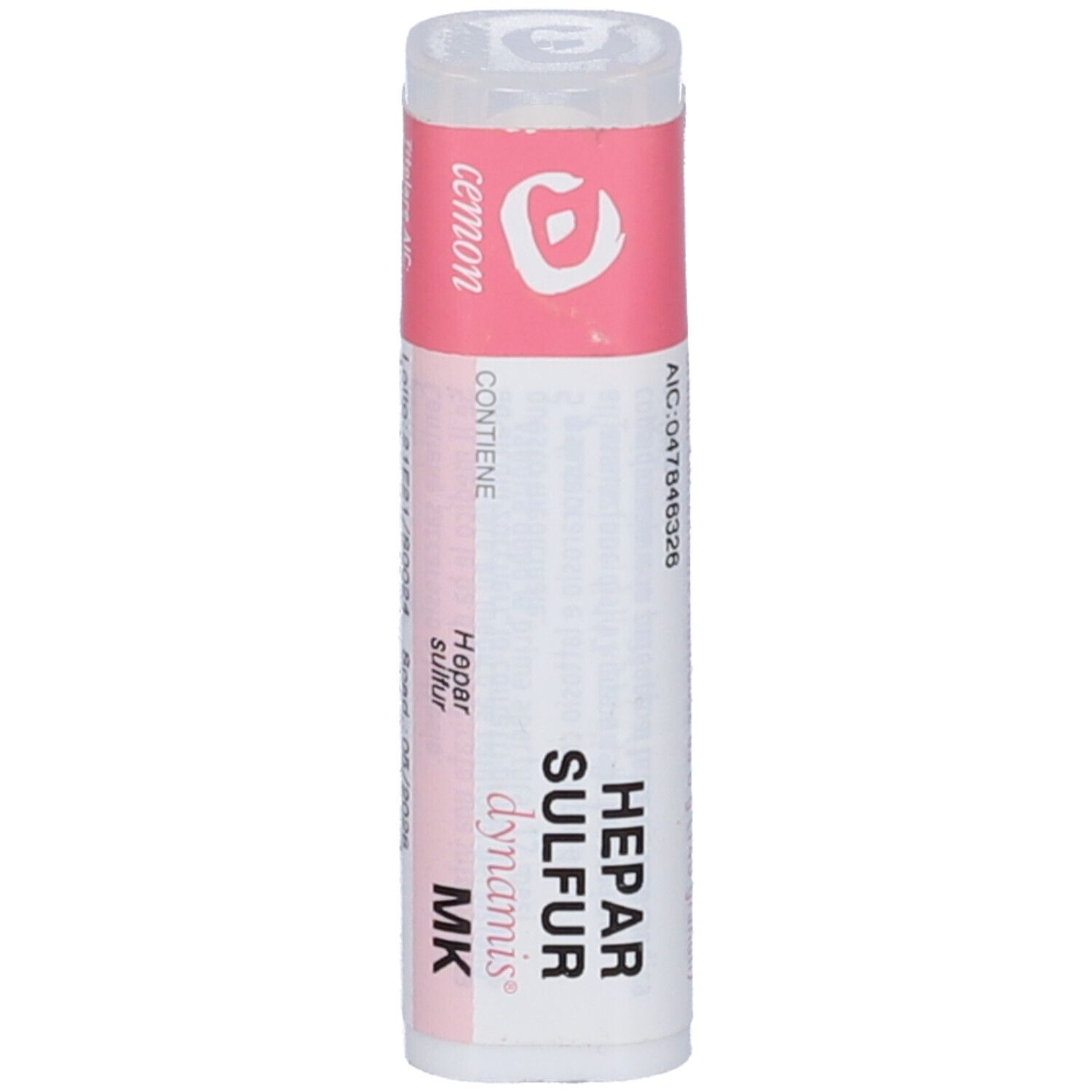 Confezione cilindrica con etichette rosa e bianche. Scritte: Hepar Sulfur, dynamis, MK. Contiene: Hepar Sulfur. Numero AIC.