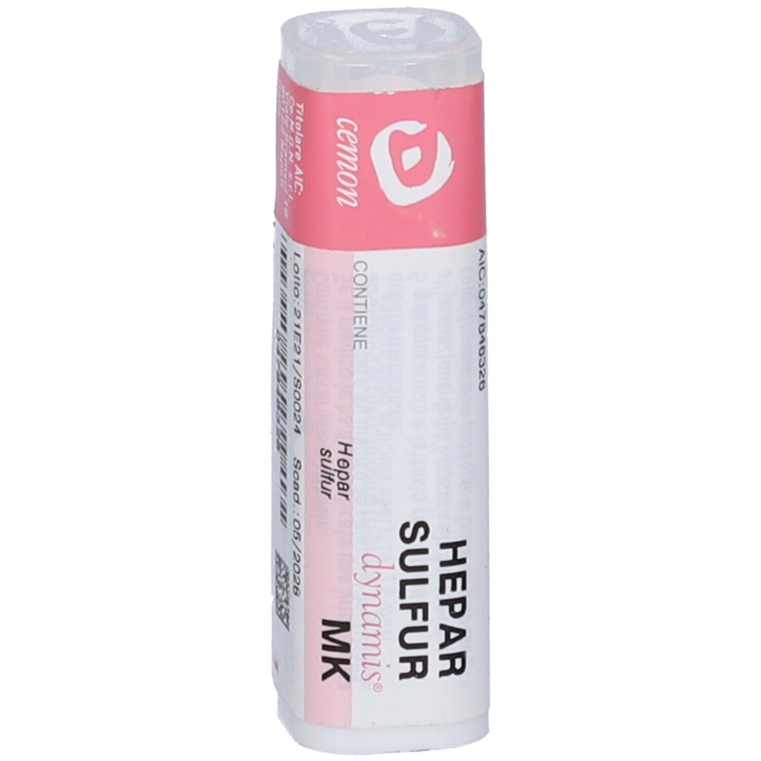 Confezione cilindrica con etichette rosa e bianche. Scritte: Hepar Sulfur, dynamis, MK. Contiene: Hepar Sulfur. Numero AIC.