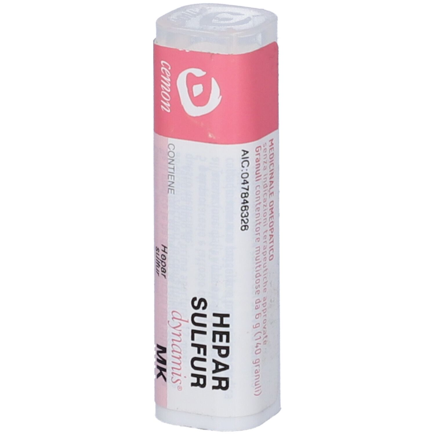 Confezione cilindrica con etichette rosa e bianche. Scritte: Hepar Sulfur, dynamis, MK. Contiene: Hepar Sulfur. Numero AIC.