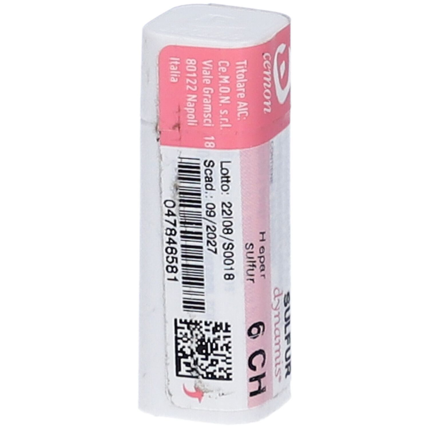 Contenitore cilindrico con tappo rosa. Scritta: Hepar Sulfur dynamis 6 CH. Codice a barre e numero di lotto. Marchio: Cemon.