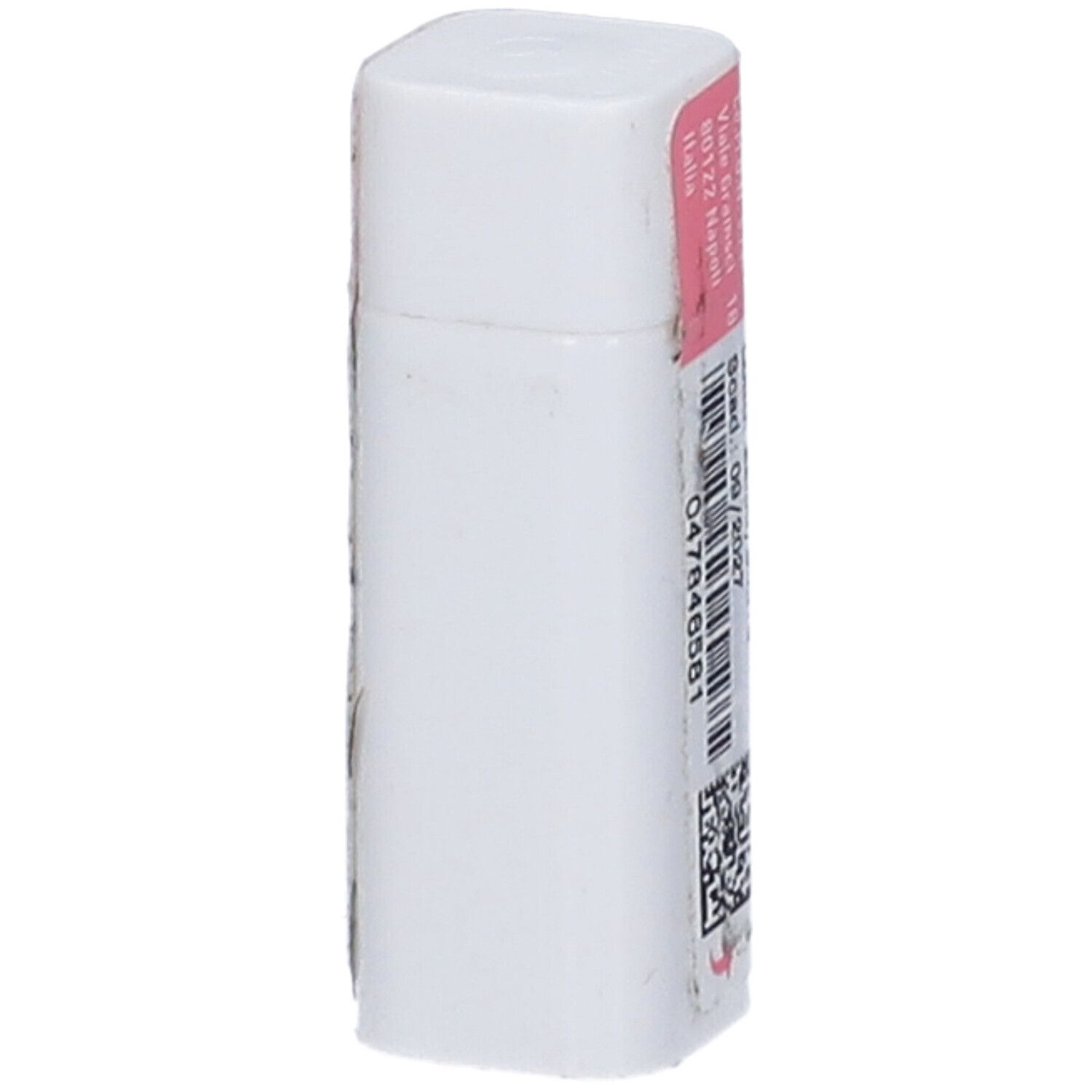 Contenitore cilindrico bianco con tappo rosa. Codice a barre e numero di lotto. Scritta: AIC 047846581.