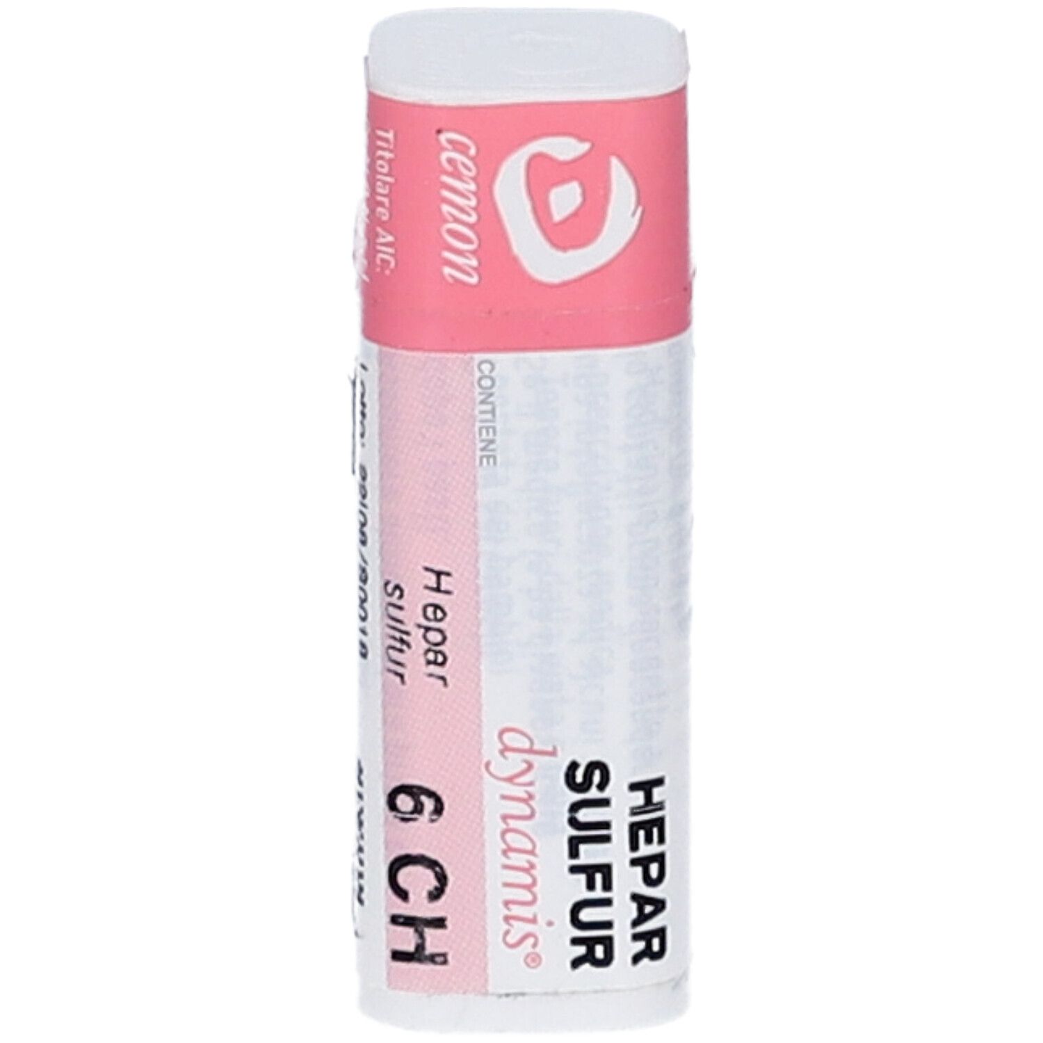 Contenitore cilindrico con tappo rosa. Scritta: Hepar Sulfur dynamis 6 CH. Marchio: Cemon. Contiene granuli.