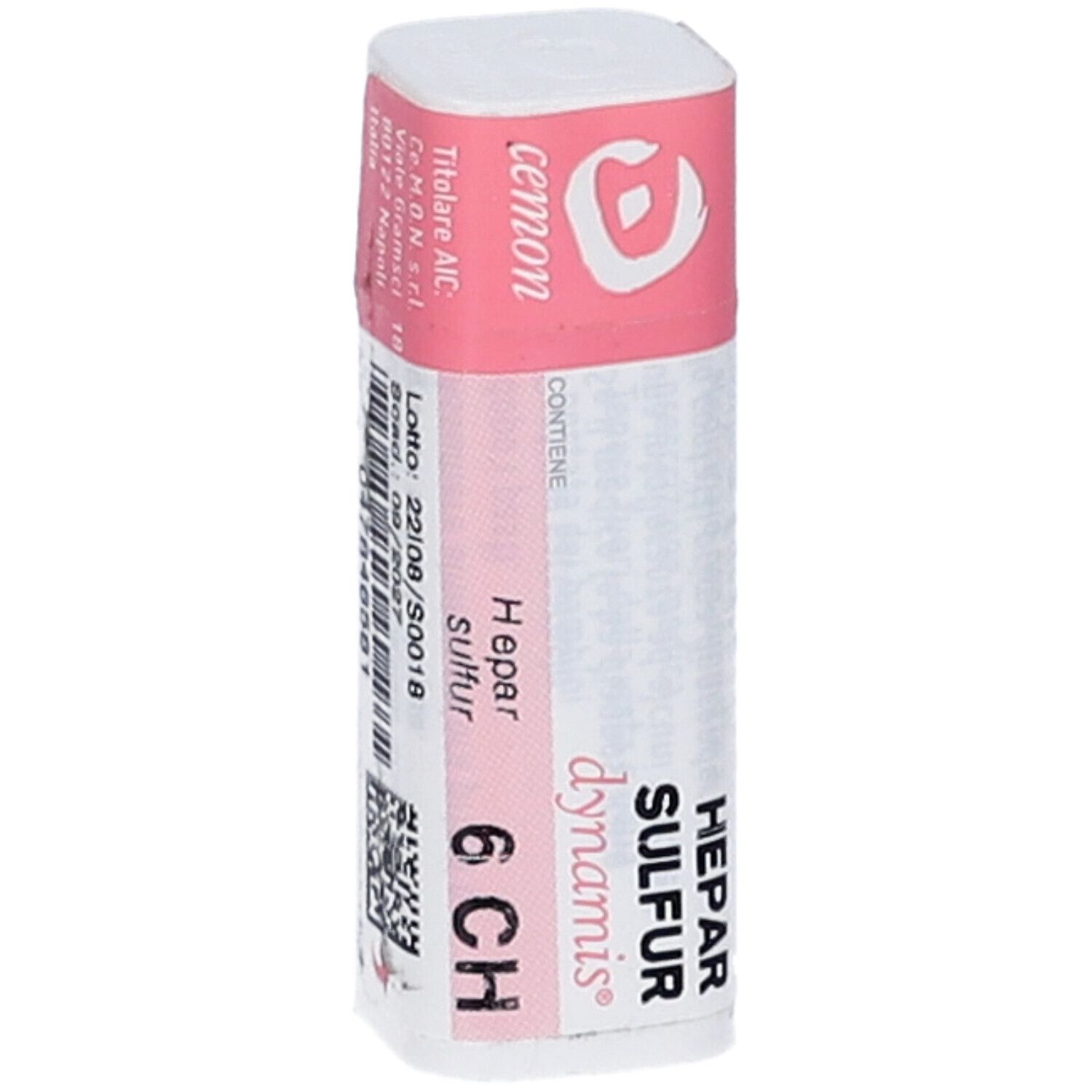 Contenitore cilindrico con tappo rosa. Scritta: Hepar Sulfur dynamis 6 CH. Codice a barre e numero di lotto. Marchio: Cemon.