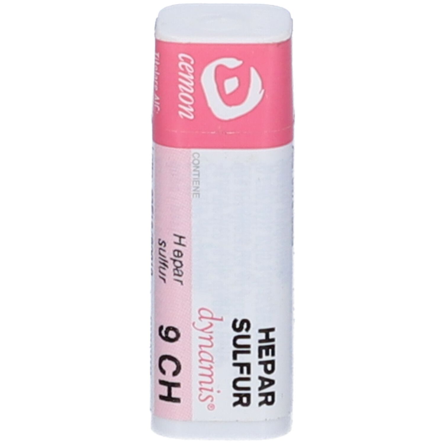 Flacone cilindrico bianco con fascia rosa. Scritte: Hepar sulfur, 9 CH, dynamis, cemon. Logo.