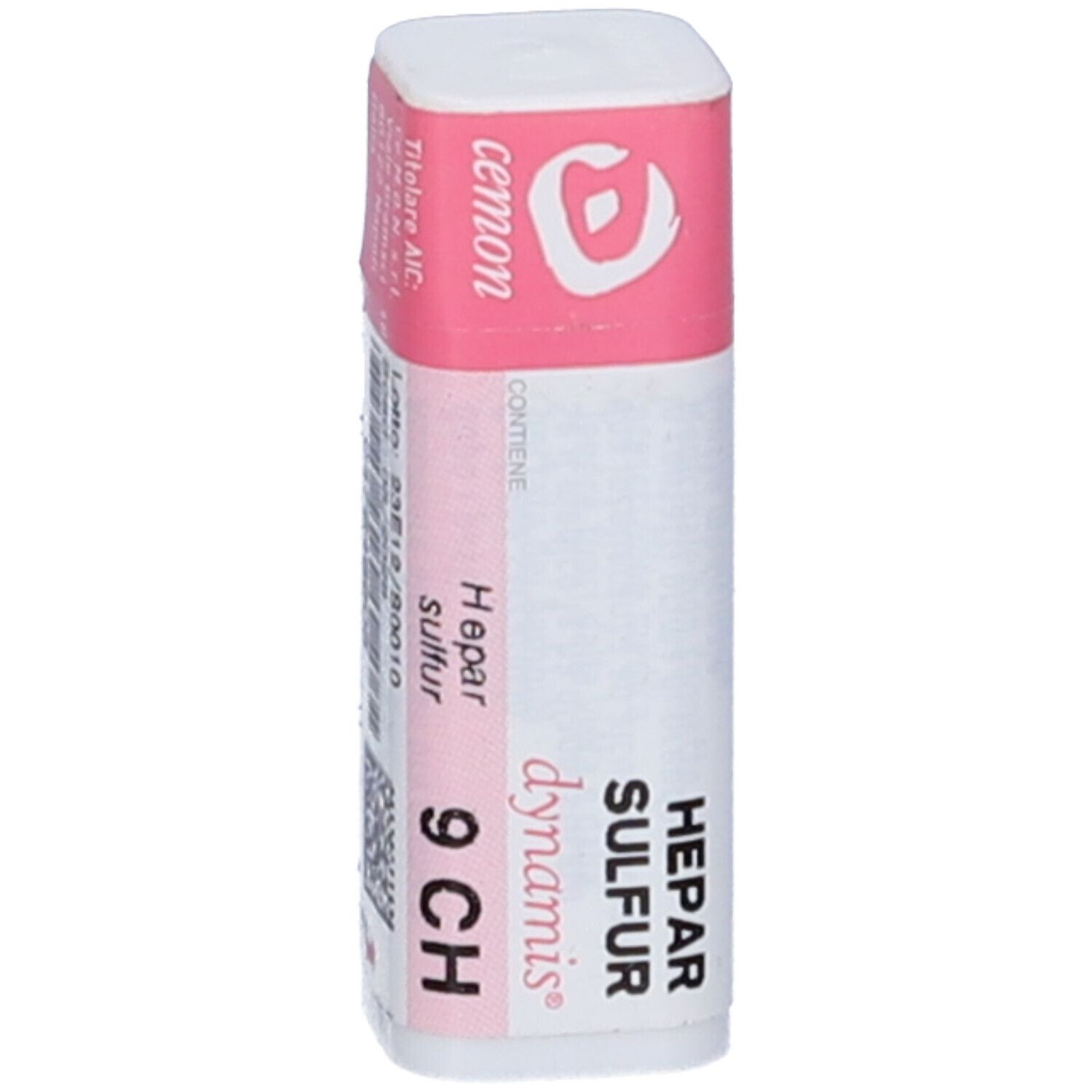 Flacone cilindrico bianco con fascia rosa. Scritte: Hepar sulfur, 9 CH, dynamis, cemon. Logo.