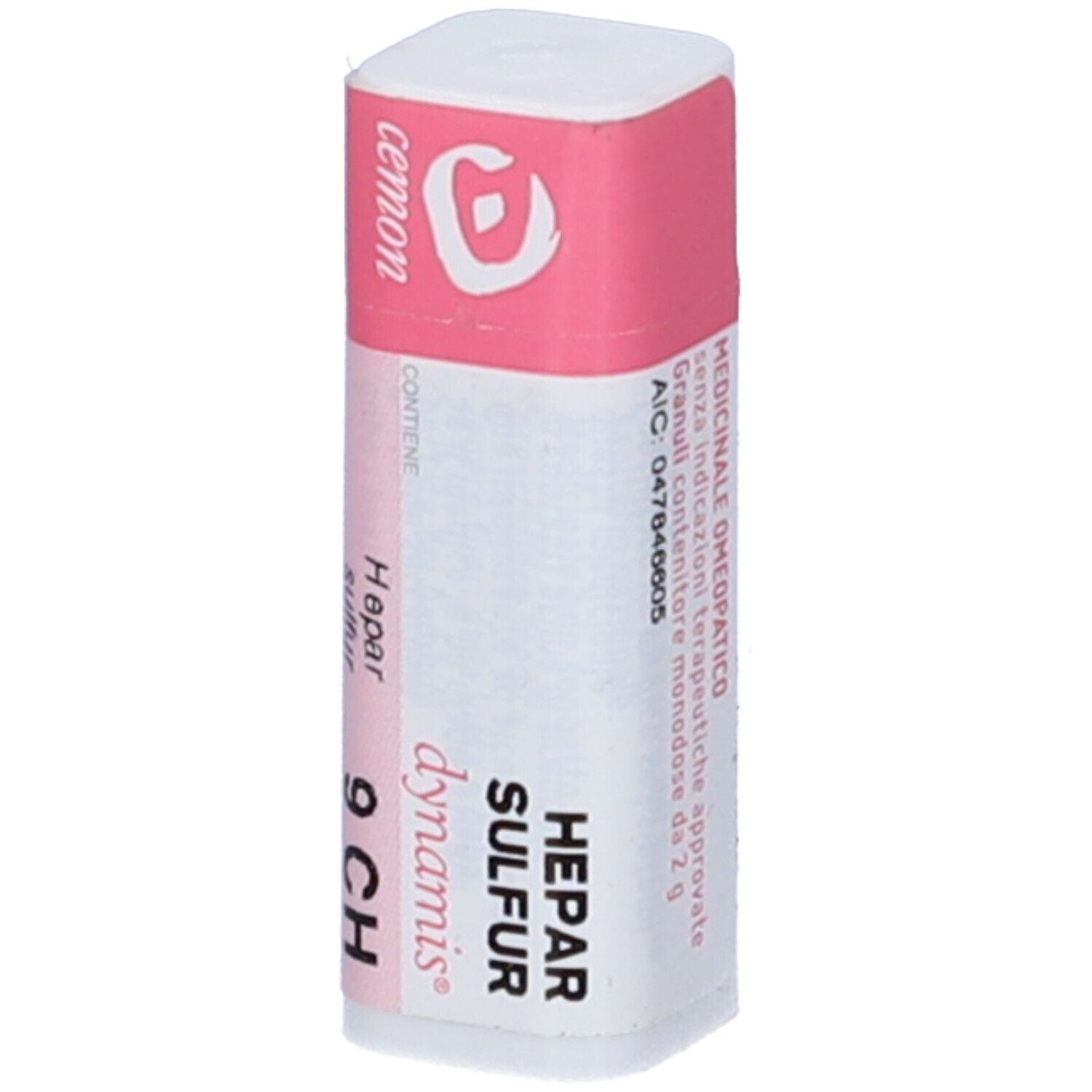 Flacone cilindrico bianco con fascia rosa. Scritte: Hepar sulfur, 9 CH, cemon. Logo.