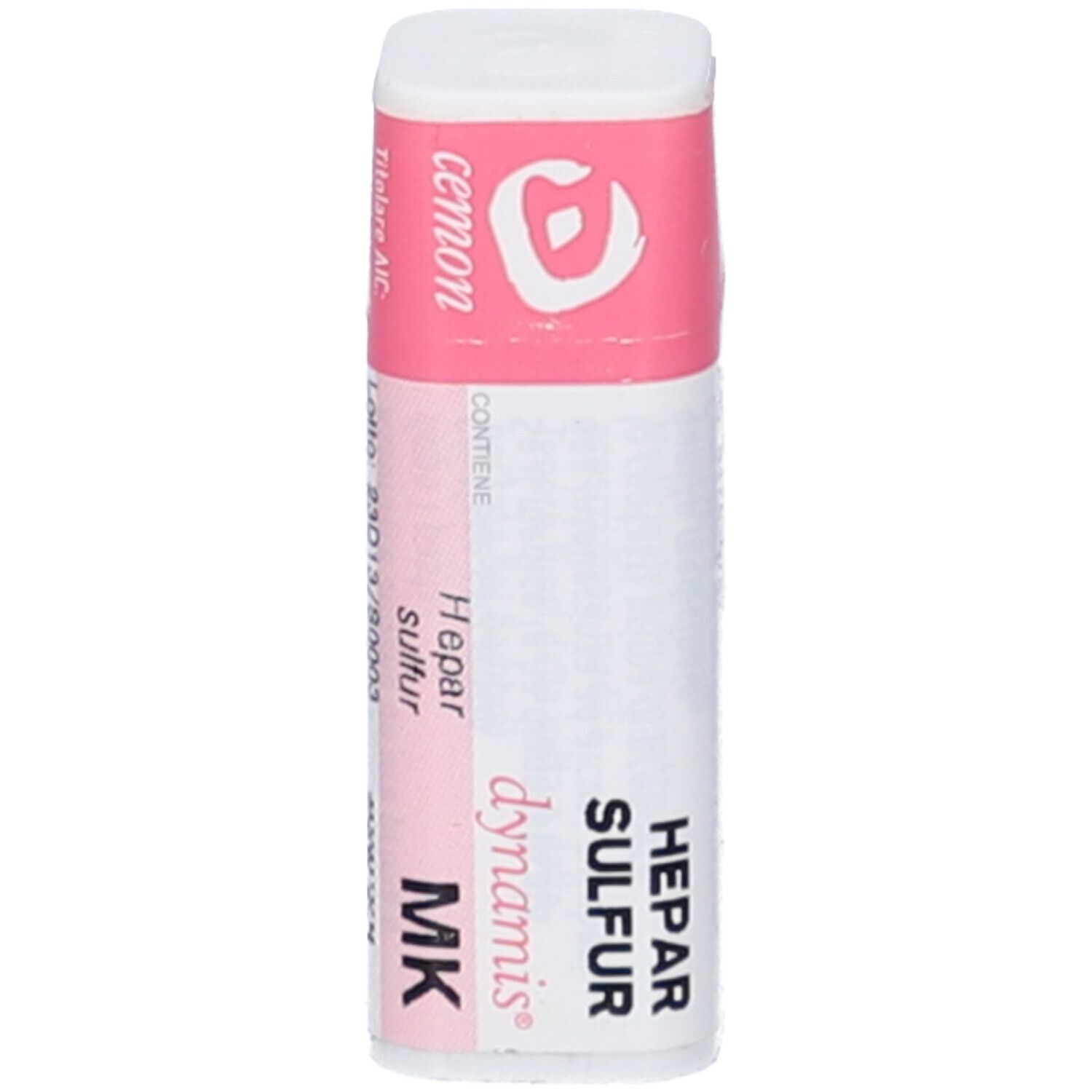 Flacone cilindrico con fascia rosa. Scritte: cemon, Hepar Sulfur, dynamis, MK. Nome del prodotto visibile.