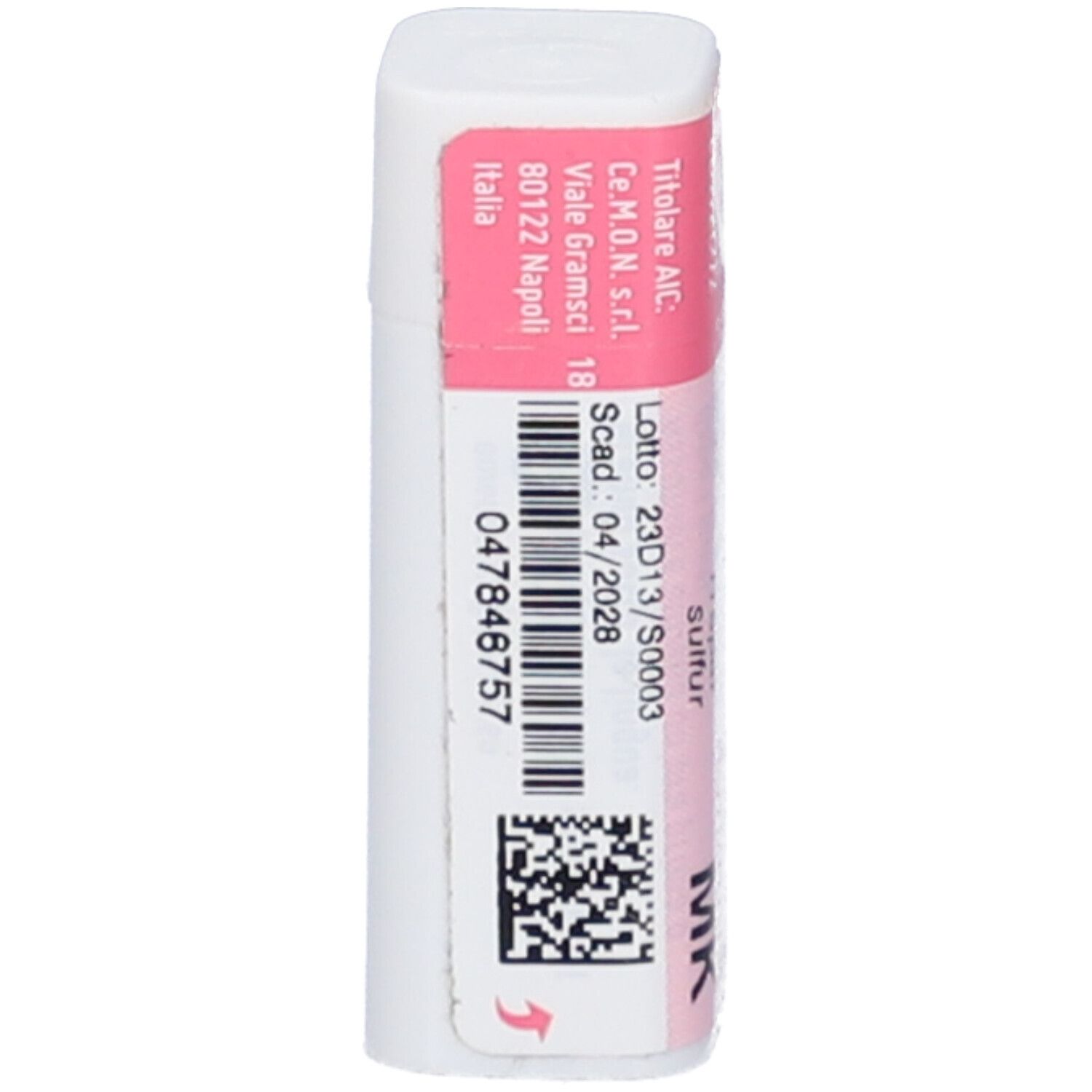 Flacone cilindrico con codice a barre e fascia rosa. Scritte: cemon, Hepar Sulfur, dynamis, MK. Dettagli.