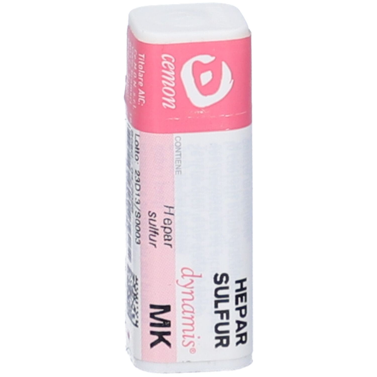 Flacone cilindrico con fascia rosa. Scritte: cemon, Hepar Sulfur, dynamis, MK. Nome del prodotto visibile.