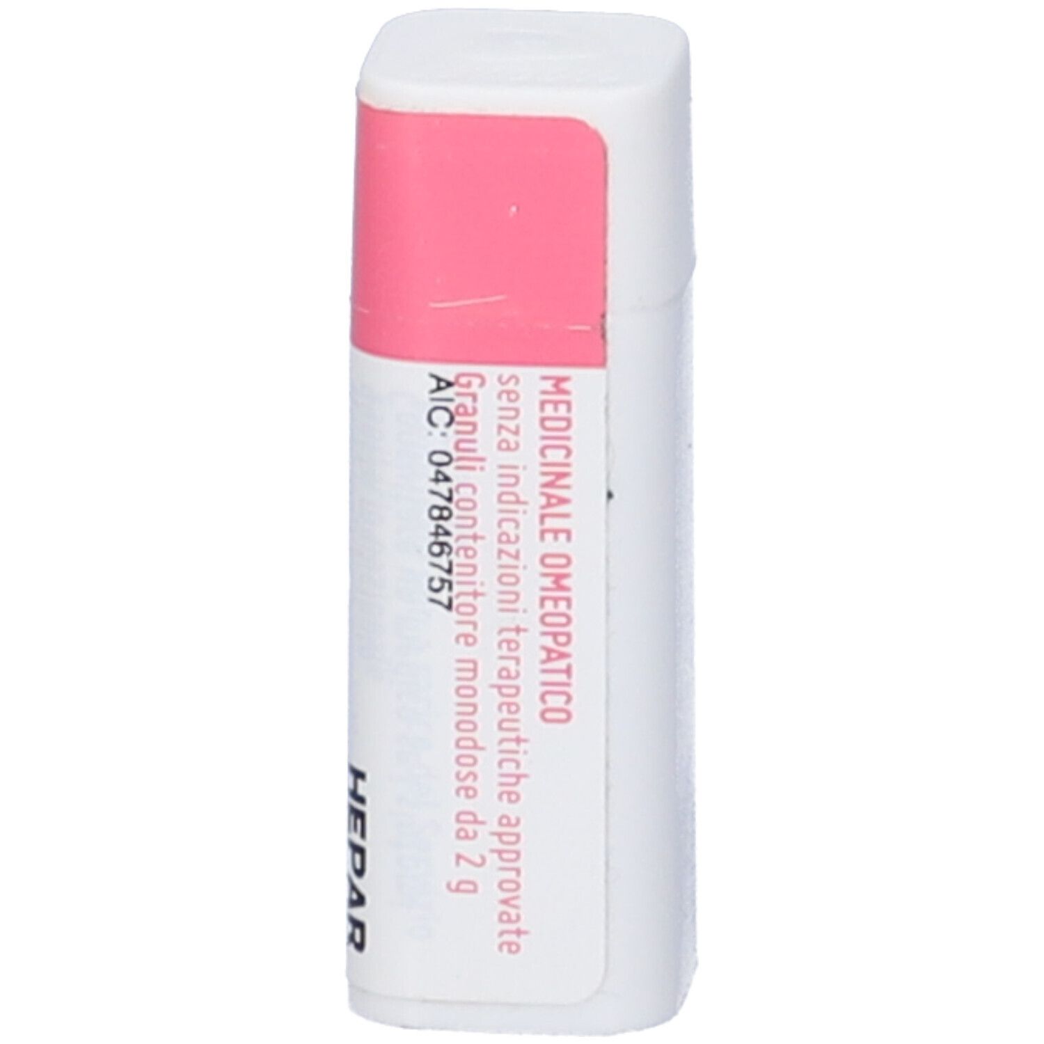 Flacone cilindrico con fascia rosa. Scritte: Granuli, Contenitore monodose. Informazioni aggiuntive.