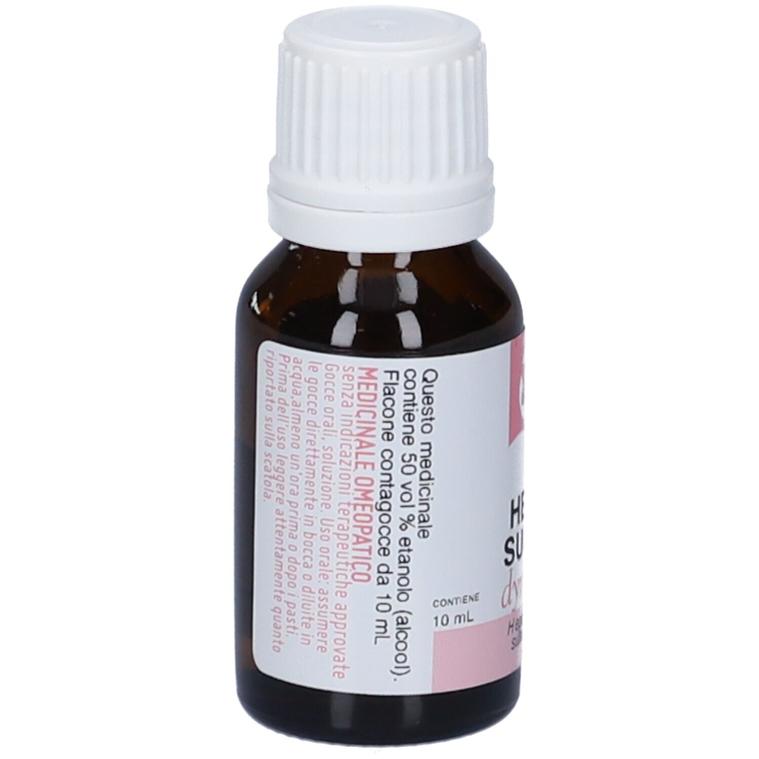 Flacone di vetro marrone con tappo a vite bianco. Etichetta con informazioni sul prodotto e accenti rosa. 6 LM.