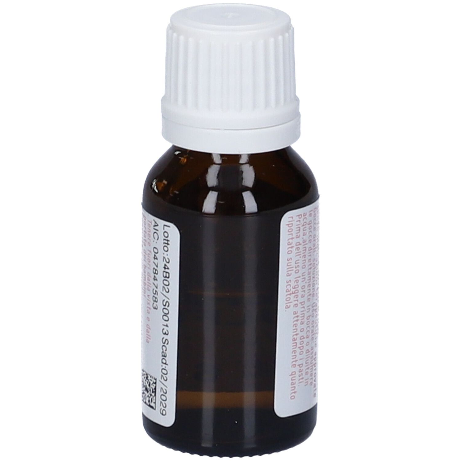 Flacone di vetro marrone con tappo a vite bianco. Etichetta con informazioni sul prodotto. Numero di lotto e scadenza.