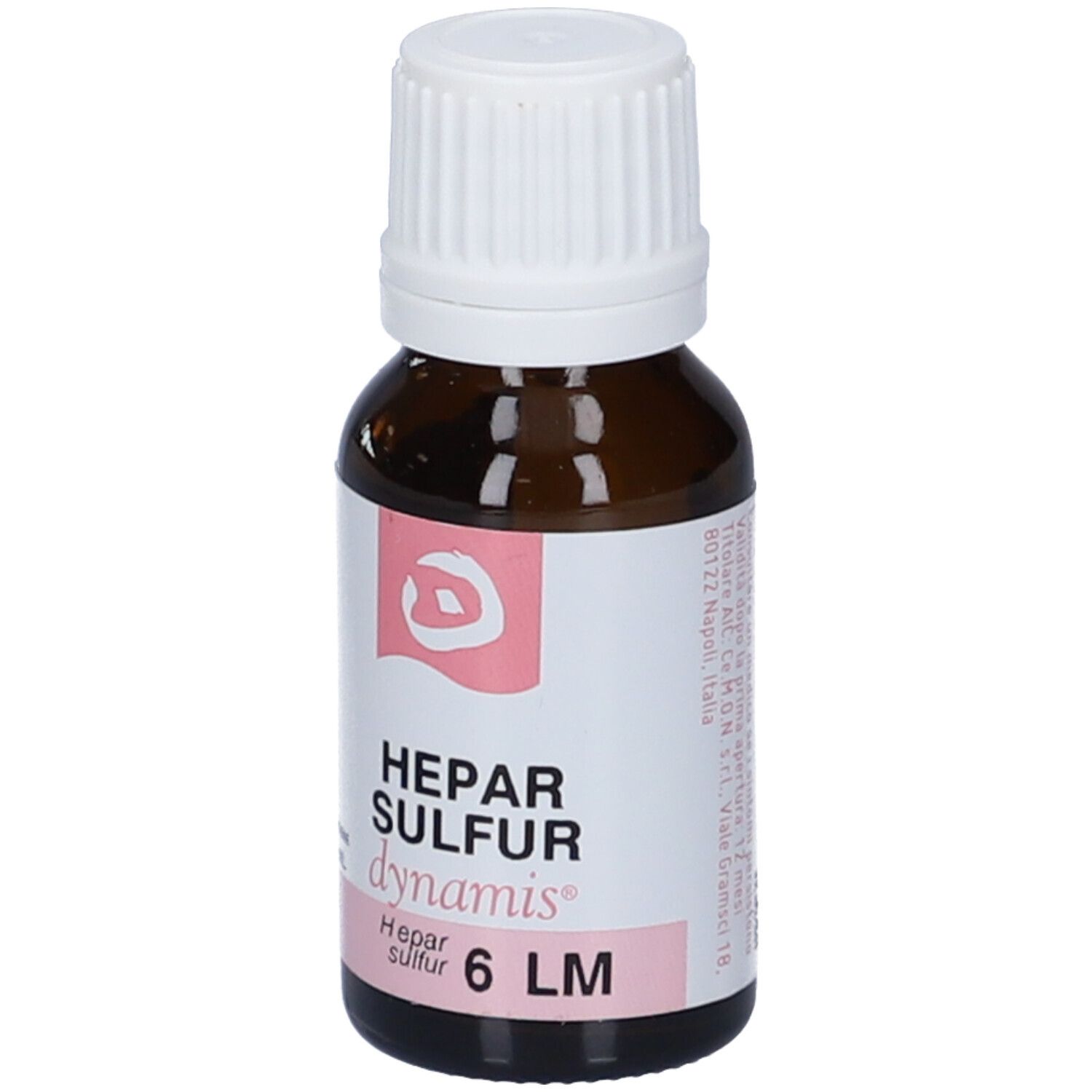 Flacone di vetro marrone con tappo a vite bianco. Etichetta con accenti rosa e nome del prodotto. 6 LM.