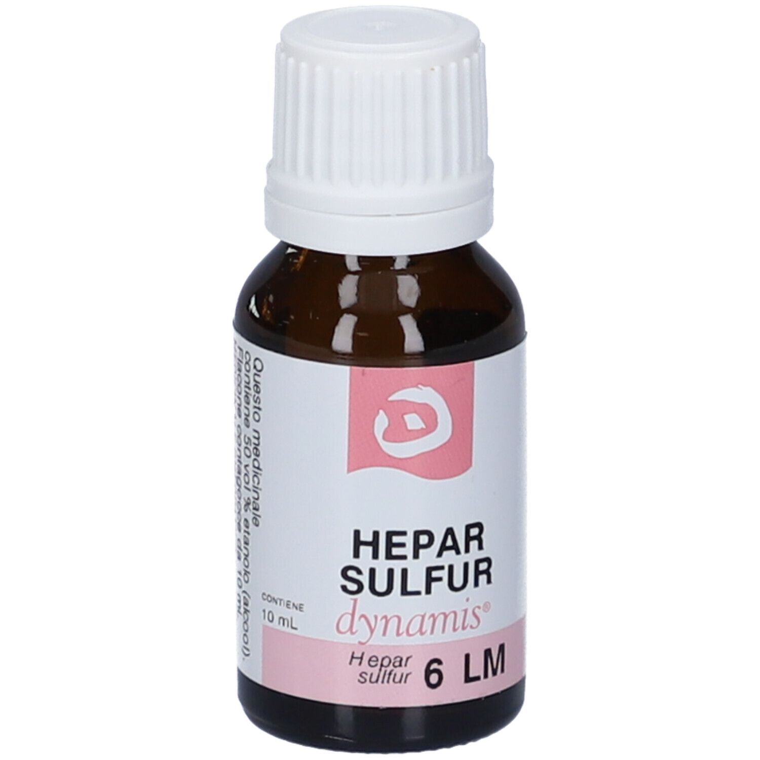 Flacone di vetro marrone con tappo a vite bianco. Etichetta con accenti rosa e nome del prodotto. 6 LM.