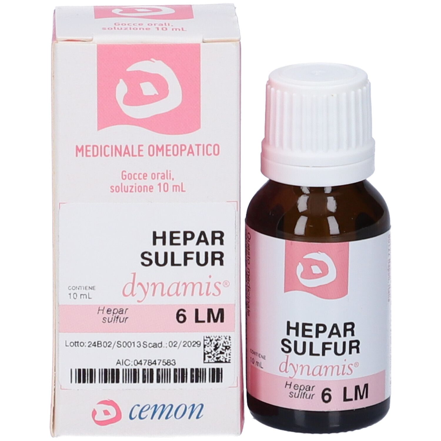 Flacone e confezione del prodotto. Bottiglia marrone, tappo bianco. Scatola con accenti rosa e nome del prodotto. 6 LM.