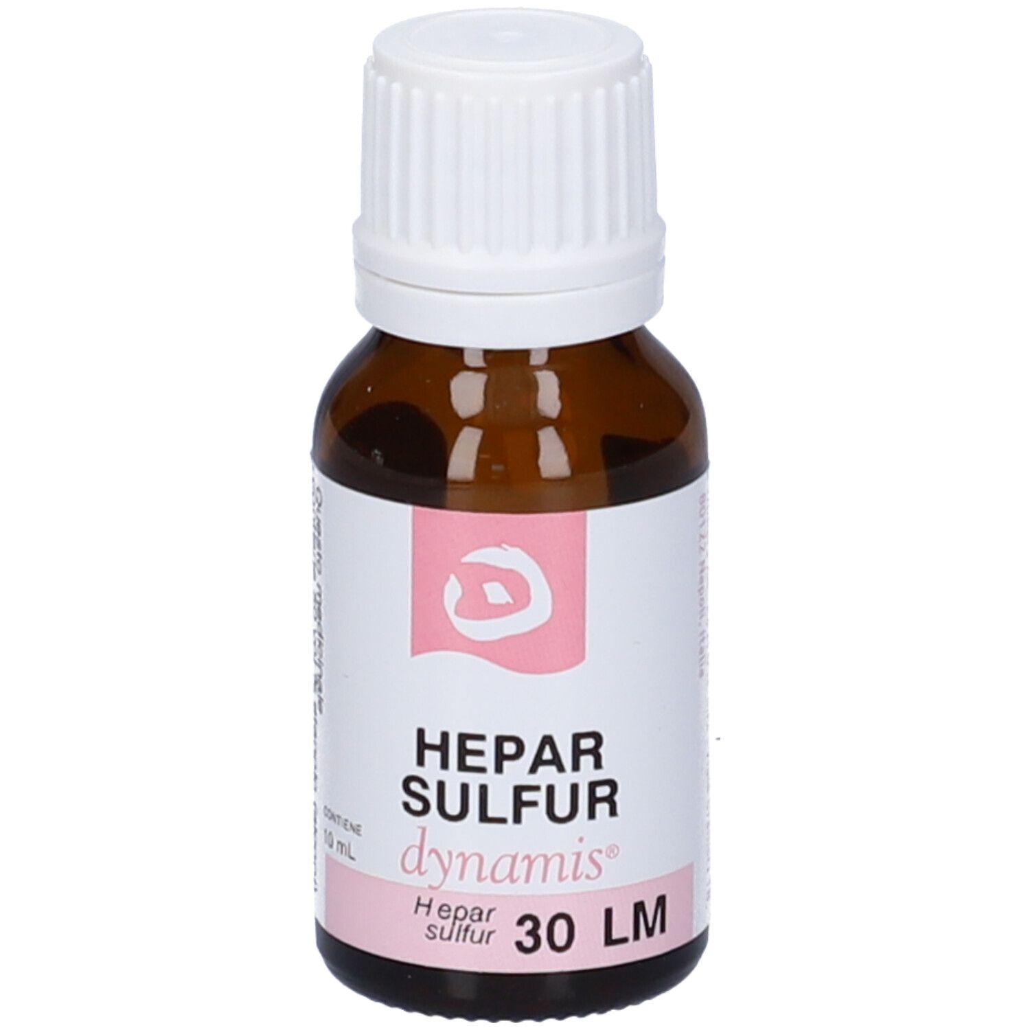 Flacone contagocce marrone con tappo bianco. Scritta: HEPAR SULFUR, dynamis, 30 LM.
