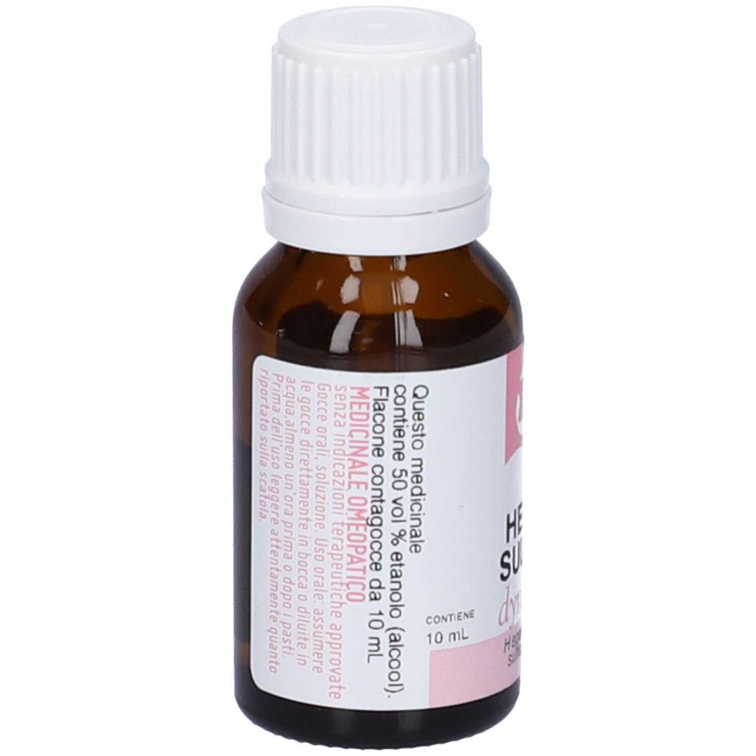 Flacone contagocce marrone con tappo bianco. Scritta: HEPAR SULFUR, dynamis, 30 LM. Etichetta con testo.