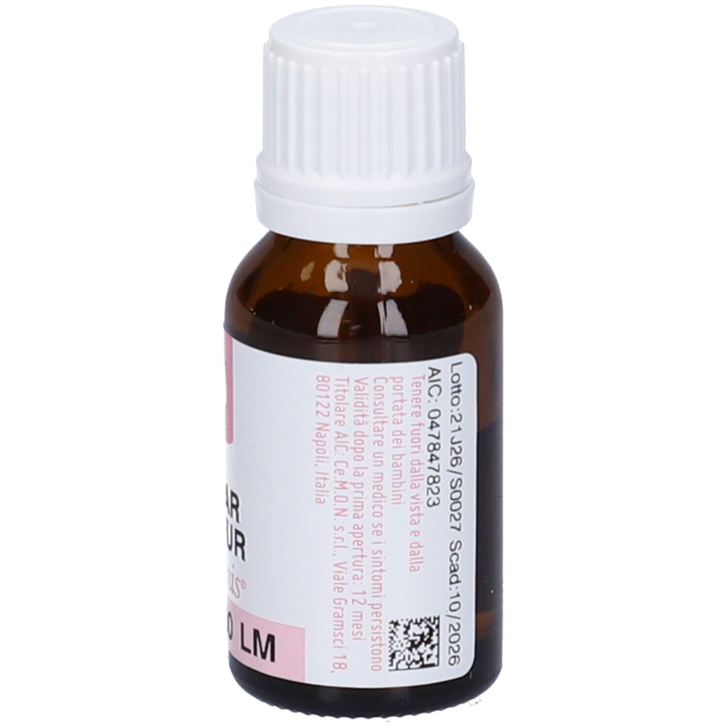 Flacone contagocce marrone con tappo bianco. Scritta: HEPAR SULFUR, dynamis, 30 LM. Etichetta con testo.