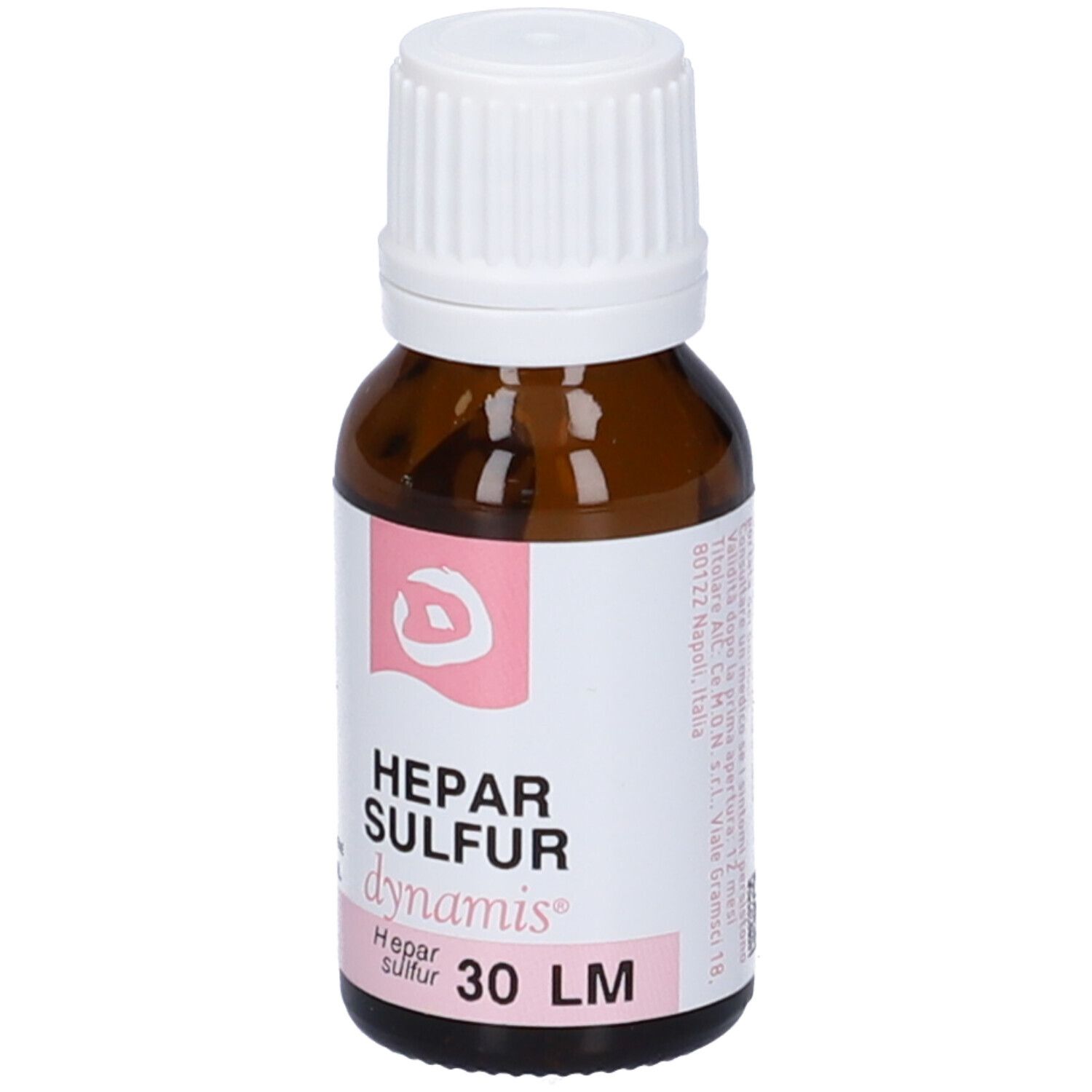 Flacone contagocce marrone con tappo bianco. Scritta: HEPAR SULFUR, dynamis, 30 LM. Etichetta con testo.