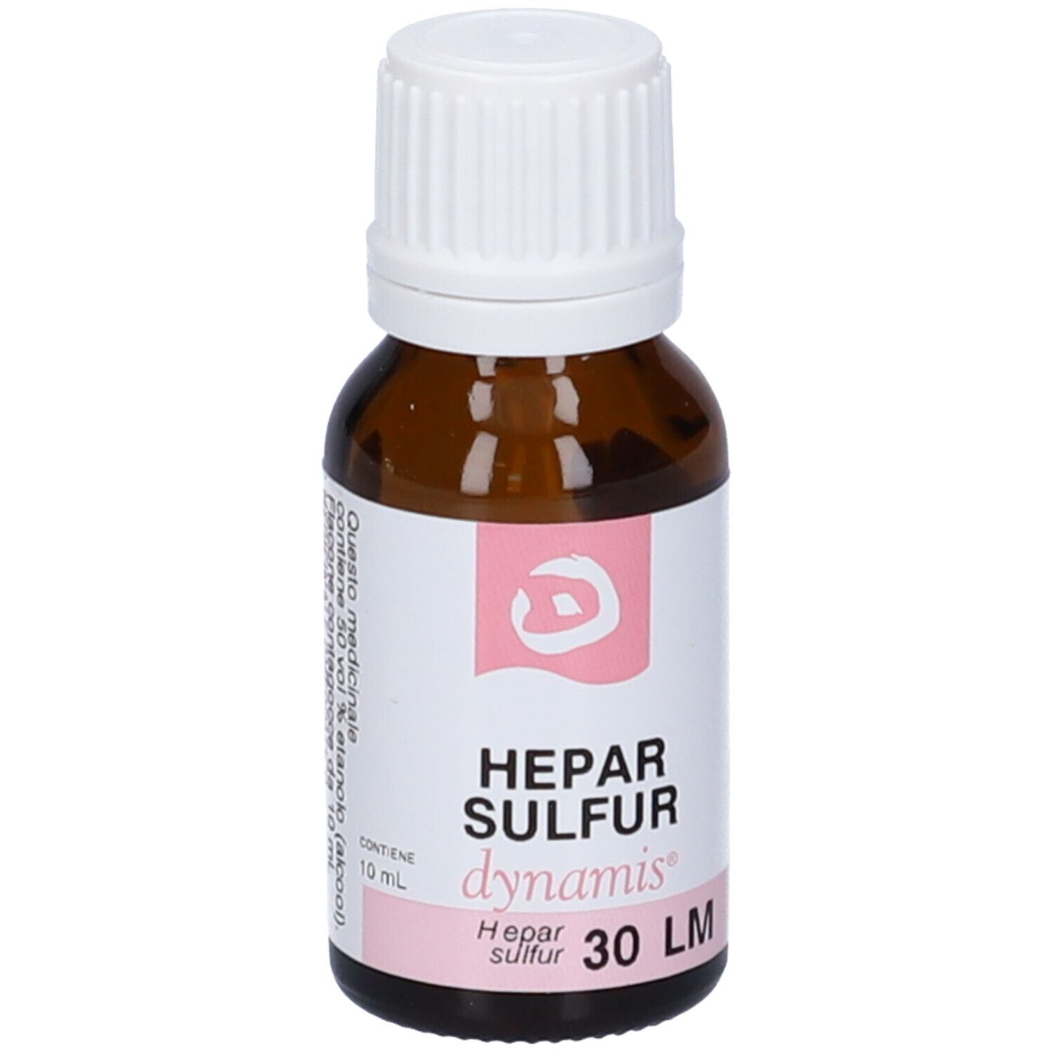 Flacone contagocce marrone con tappo bianco. Scritta: HEPAR SULFUR, dynamis, 30 LM.