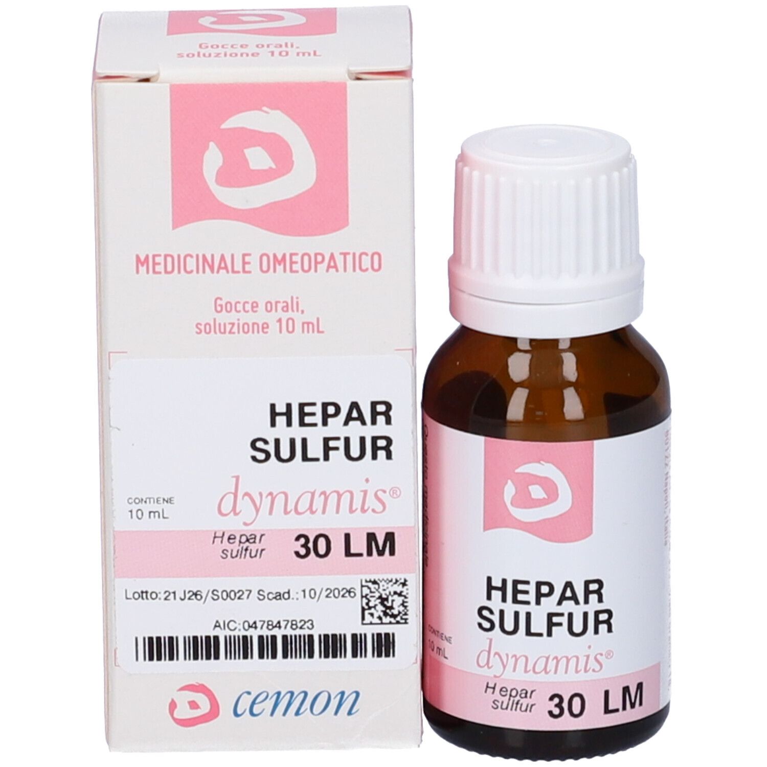 Confezione del prodotto con flacone e scatola. Scritta: HEPAR SULFUR, dynamis, 30 LM.  Inoltre: cemon.