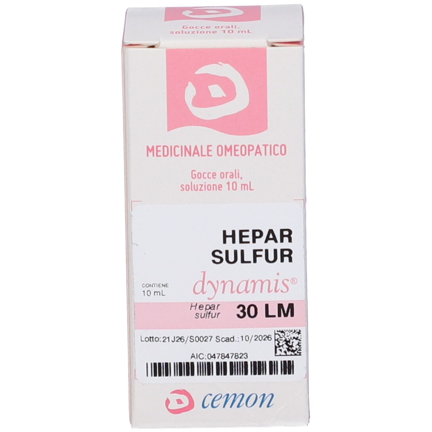 Confezione del prodotto con scatola. Scritta: HEPAR SULFUR, dynamis, 30 LM.  Inoltre: cemon.