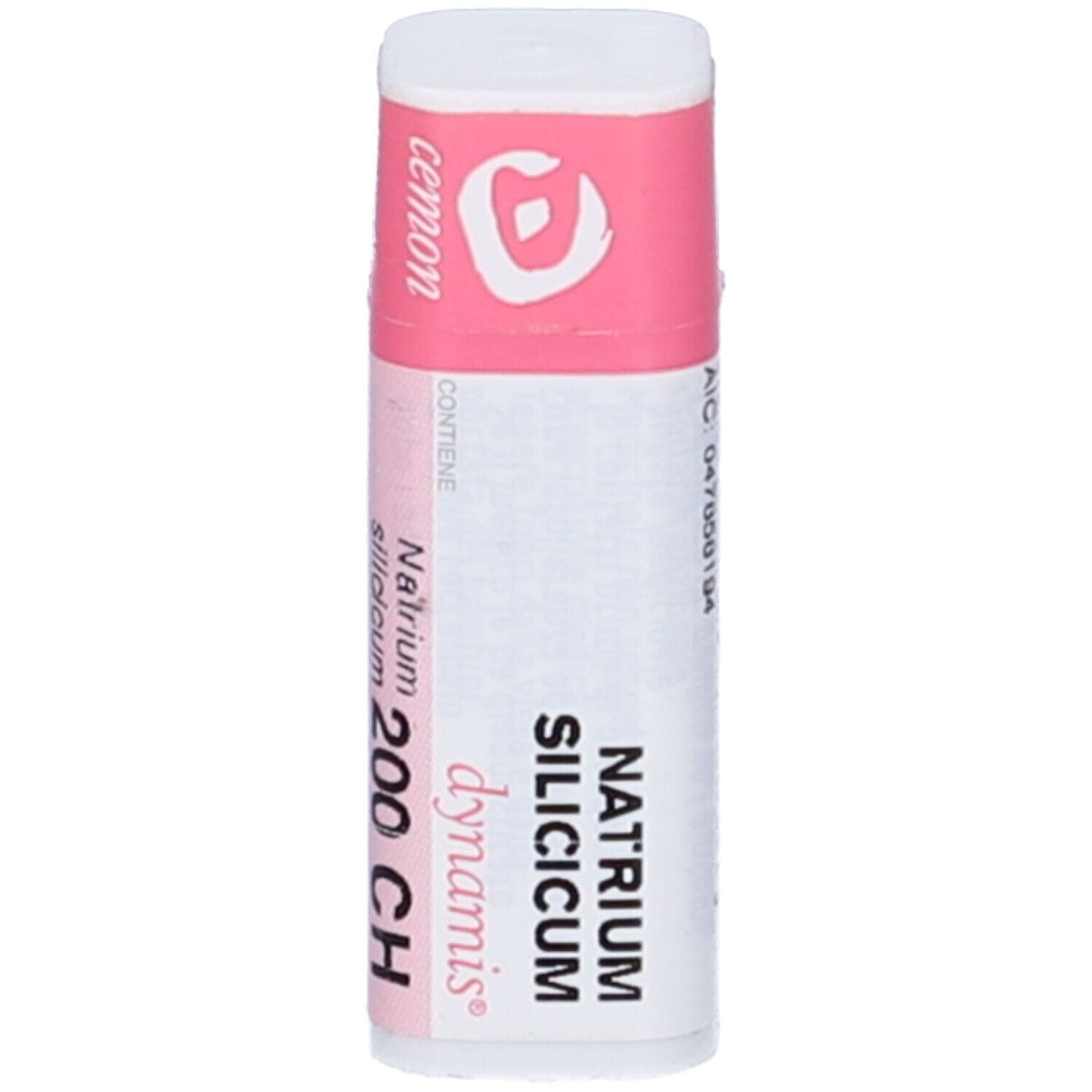 Flacone cilindrico con fascia rosa. Scritte: Natrium Silicicum 200 CH, cemon.